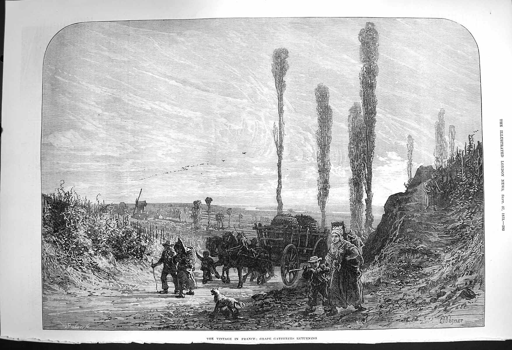 Original Old Antique Print 1873 France Grape Gatherers Wine Fine Art Victorian