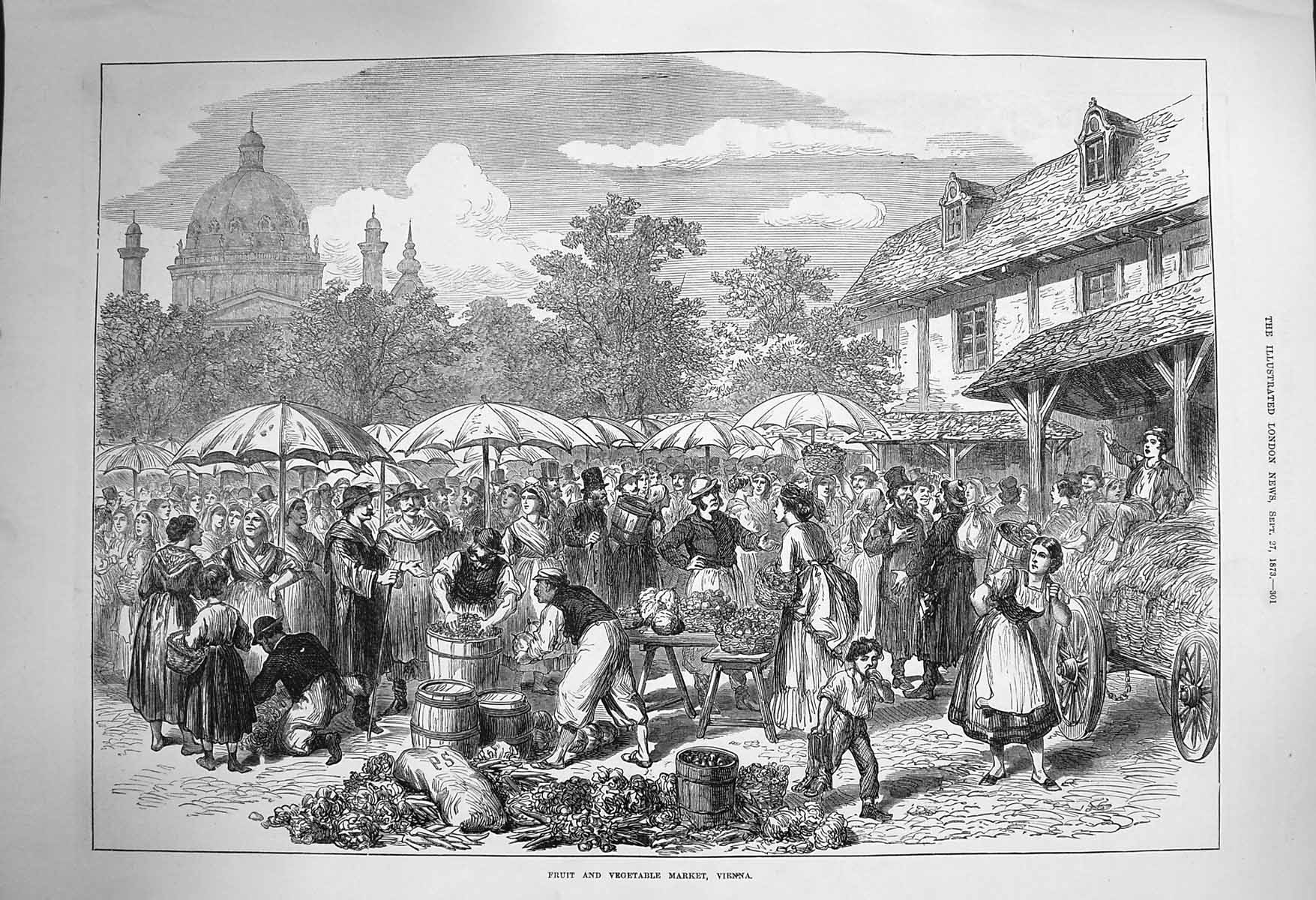 Original Old Antique Print 1873 Fruit Vegetable Market Vienna Stalls Victorian