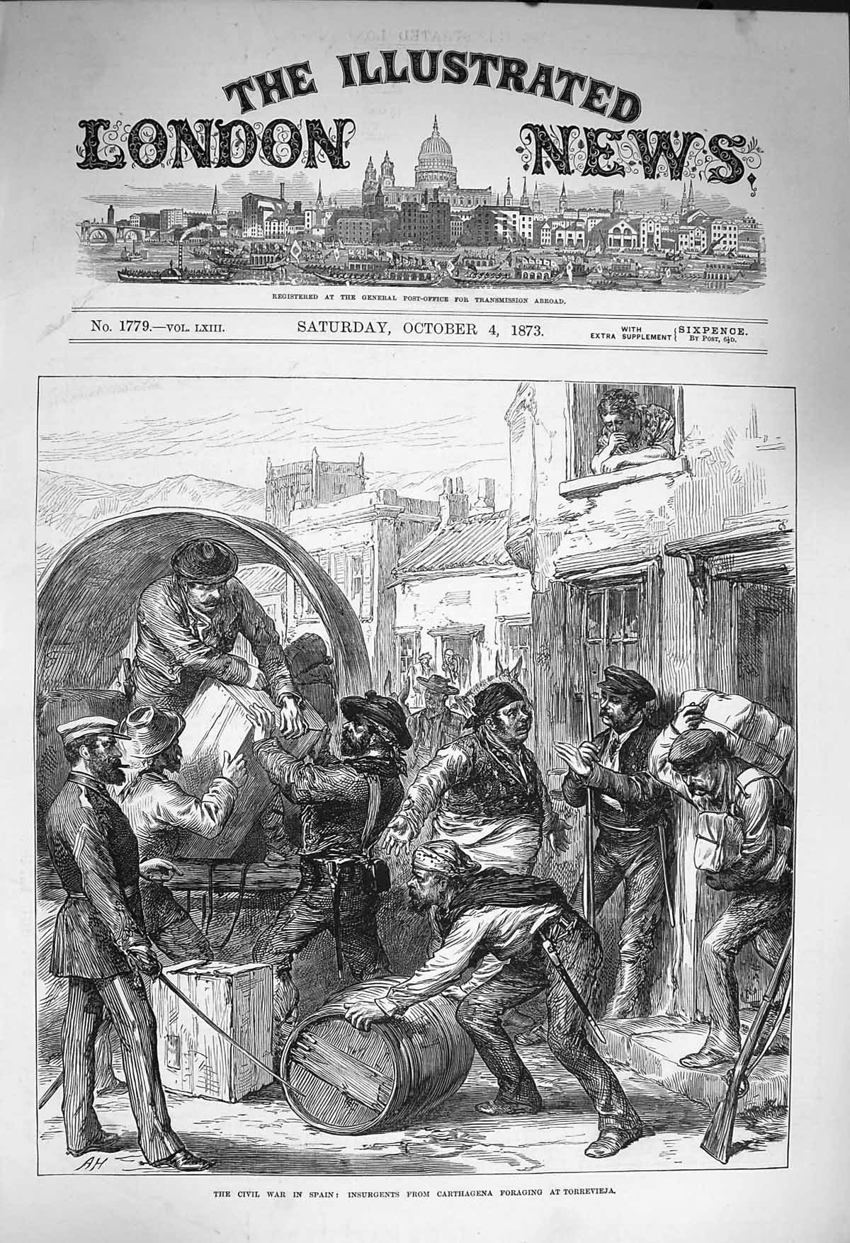 Original Old Antique Print 1873 Civil War Spain Insurgents Carthagena Tor 19th