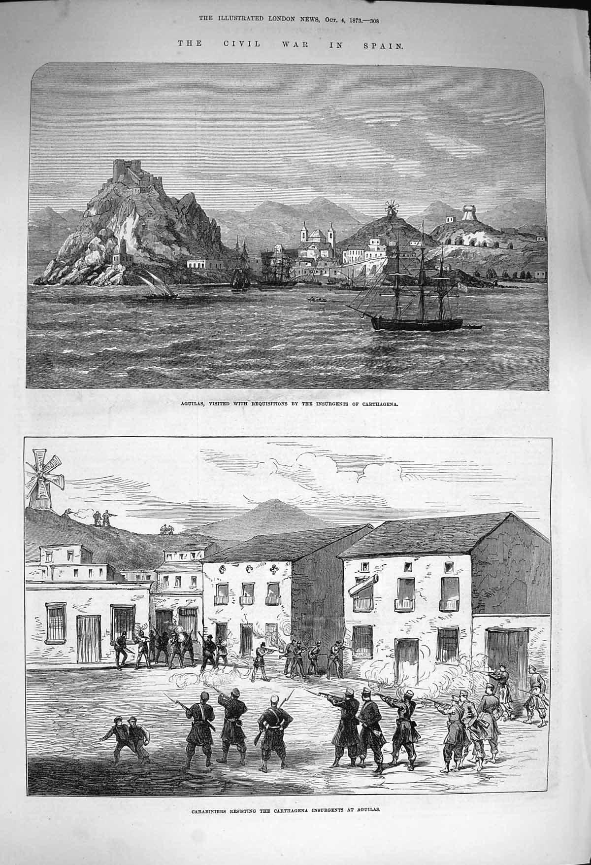 Original Old Antique Print 1873 Aguilas War Spain Carthagena Carabinier 19th