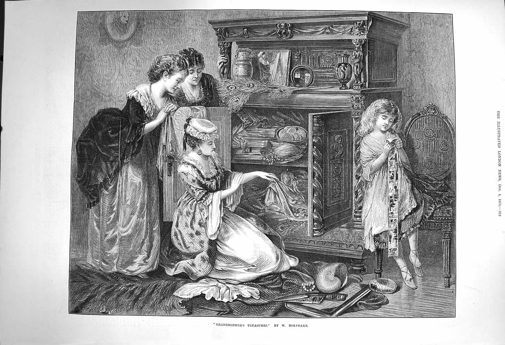 Original Old Antique Print 1873 Grandmothers Treasures Young Ladies Cabinet