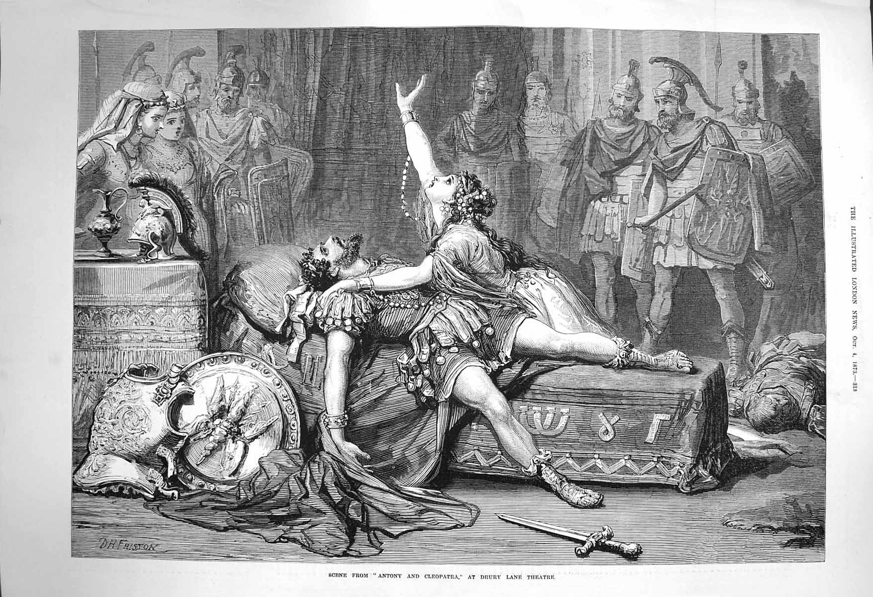 Original Old Antique Print 1873 Scene Antony Cleopatra Drury Lane Theatre 19th