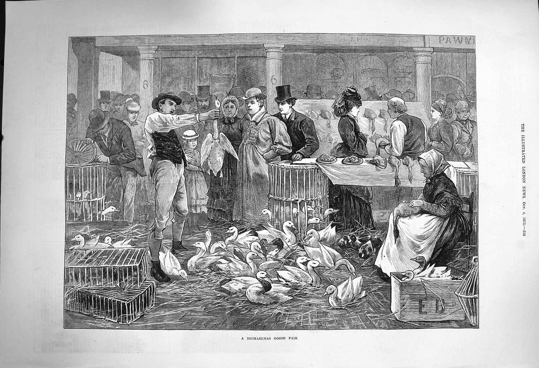 Original Old Antique Print 1873 Scene Michaelmas Goose Fair Birds Cages Sale