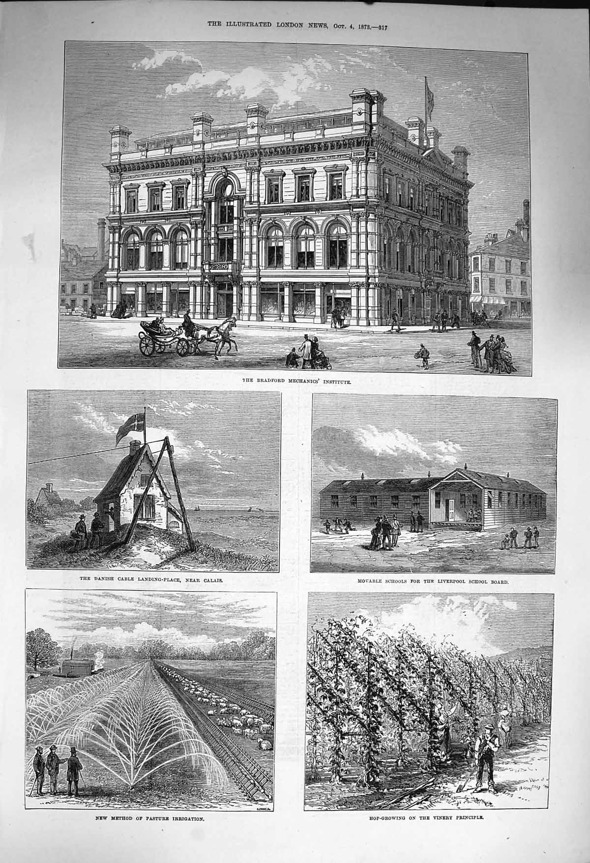 Original Old Antique Print 1873 Bradford Mechanics Institute Hops Vinery School