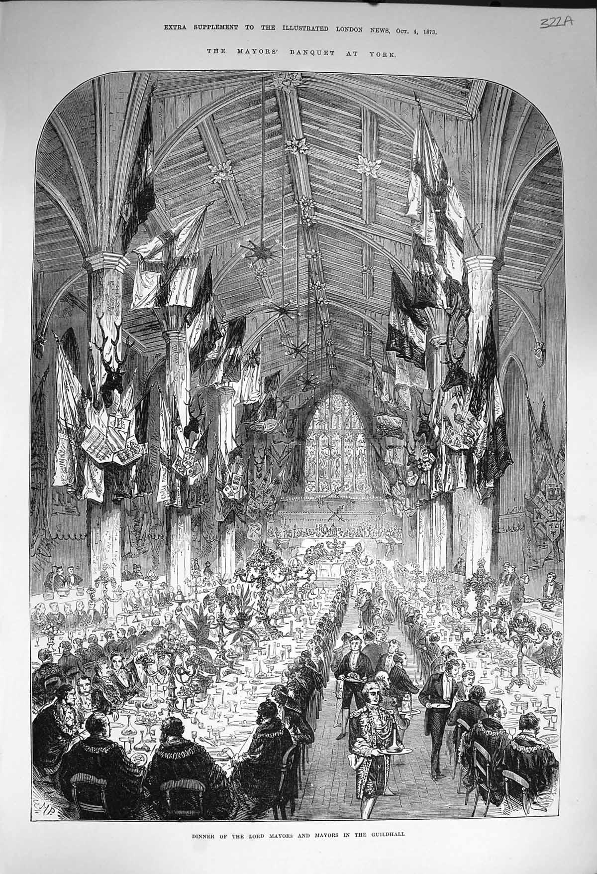 Original Old Antique Print 1873 Scene Dinner Lord Mayors Guildhall York London