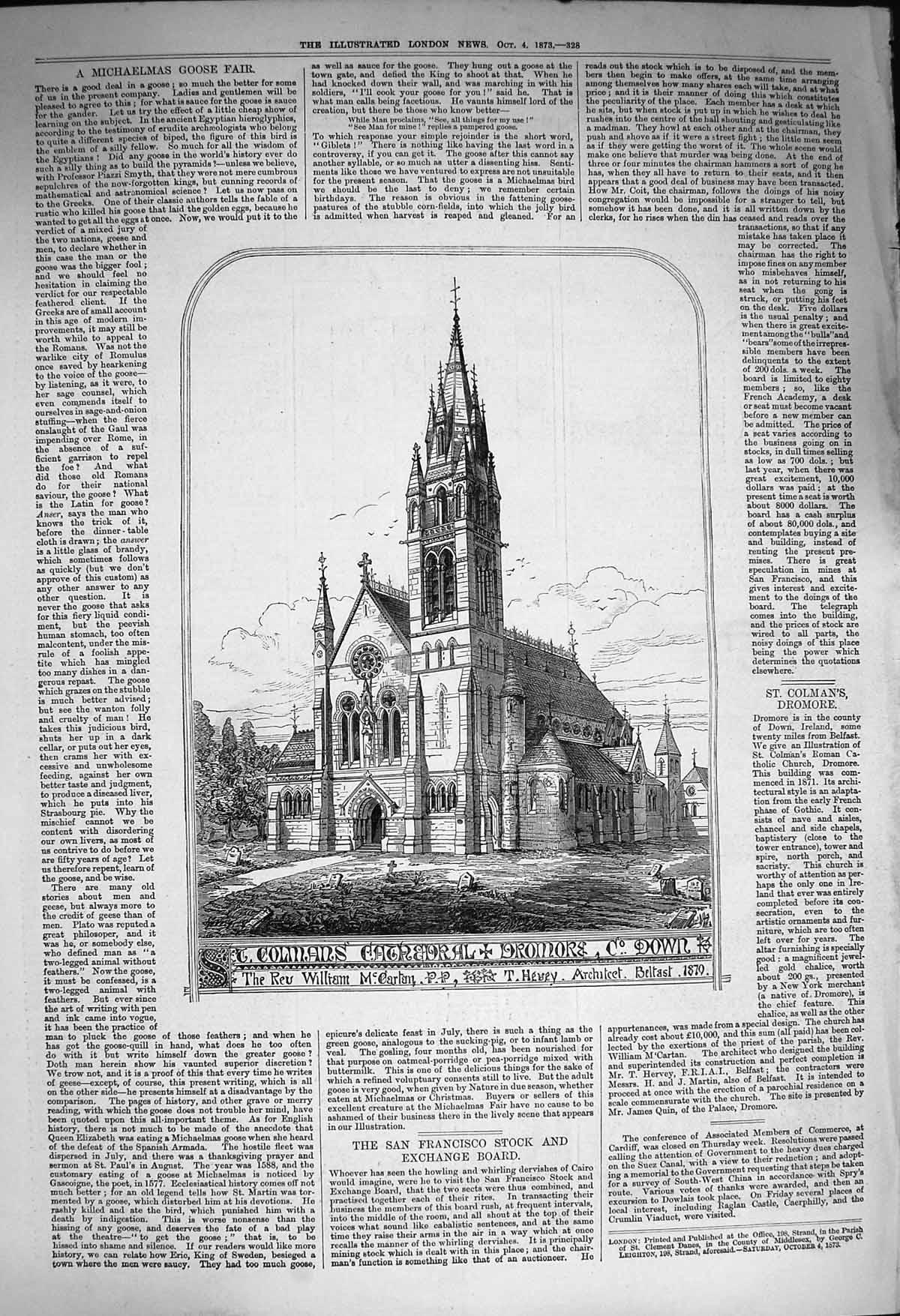 Original Old Antique Print 1873 Colmans Cathedral Dromore Ireland Mccartan 19th