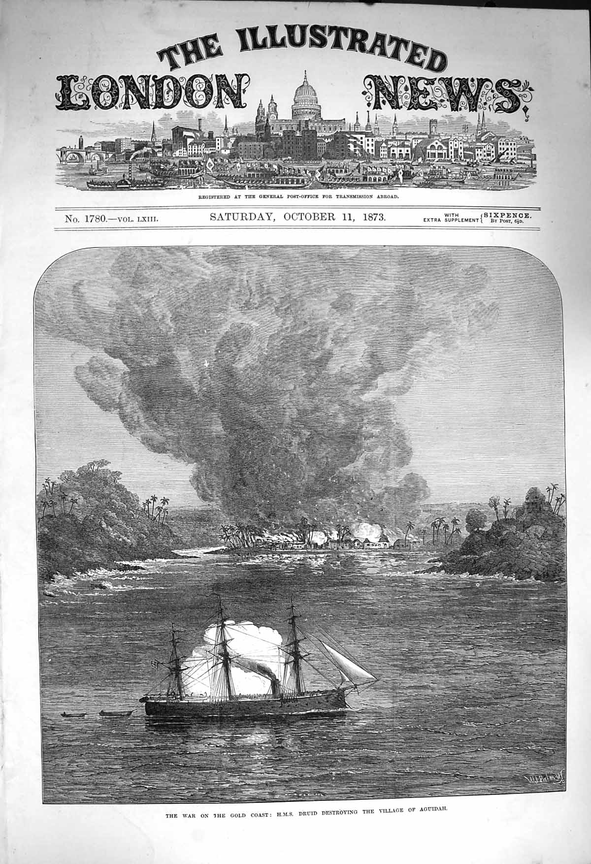 Original Old Antique Print 1873 War GCoast H.M.S. Ship Druid Village Aguidah