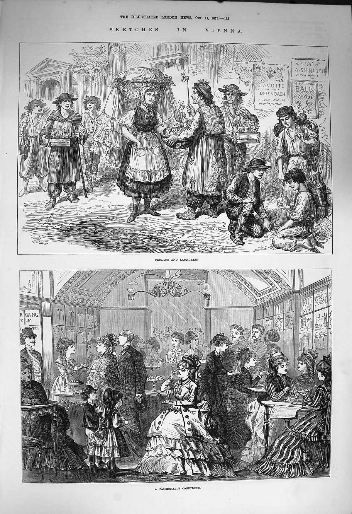 Antique Old Print *3987 1873 Vienna Pedlars Laundress Fashionable Conditorel