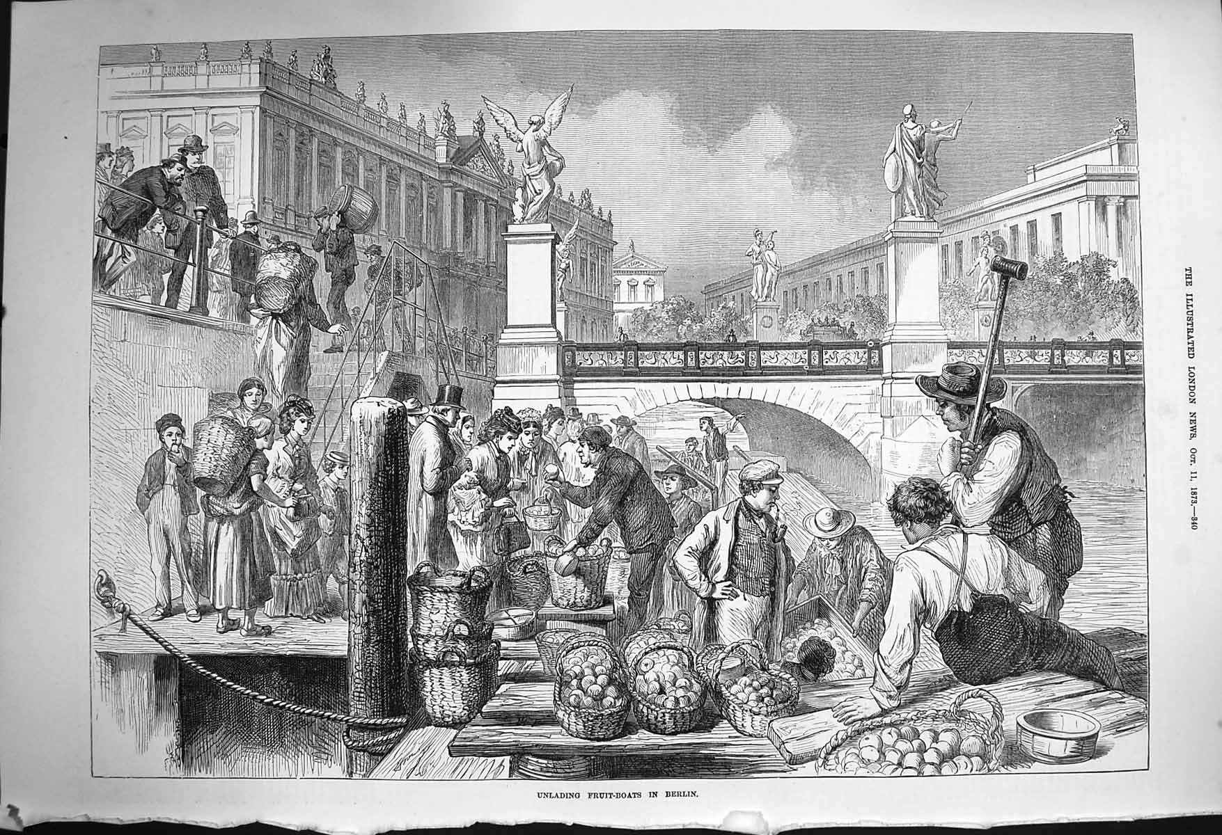 Original Old Antique Print 1873 Scene Unloading Fruit Boats Berlin River Bridge