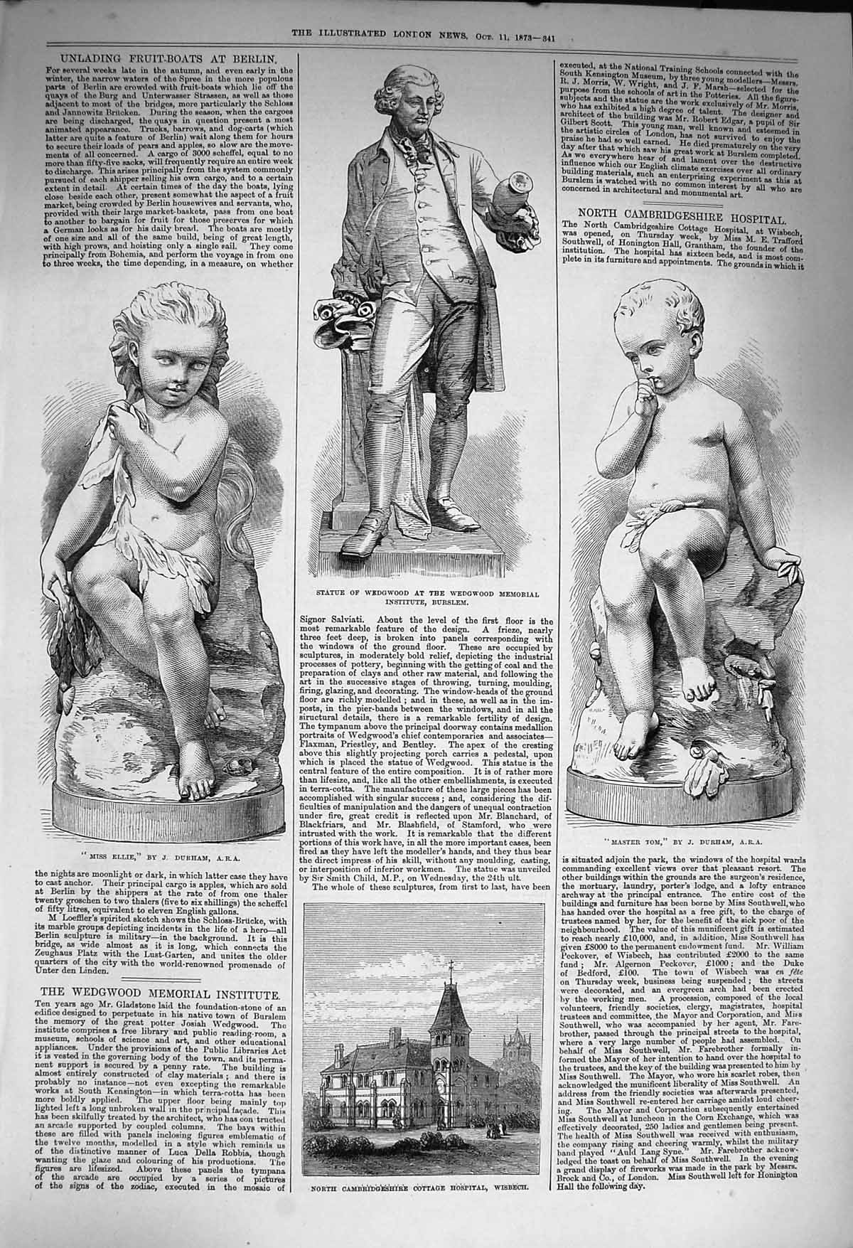 Old Antique Print 1873 Hospital Wisbech Statue Wedgwood Ellie Master Tom 19th
