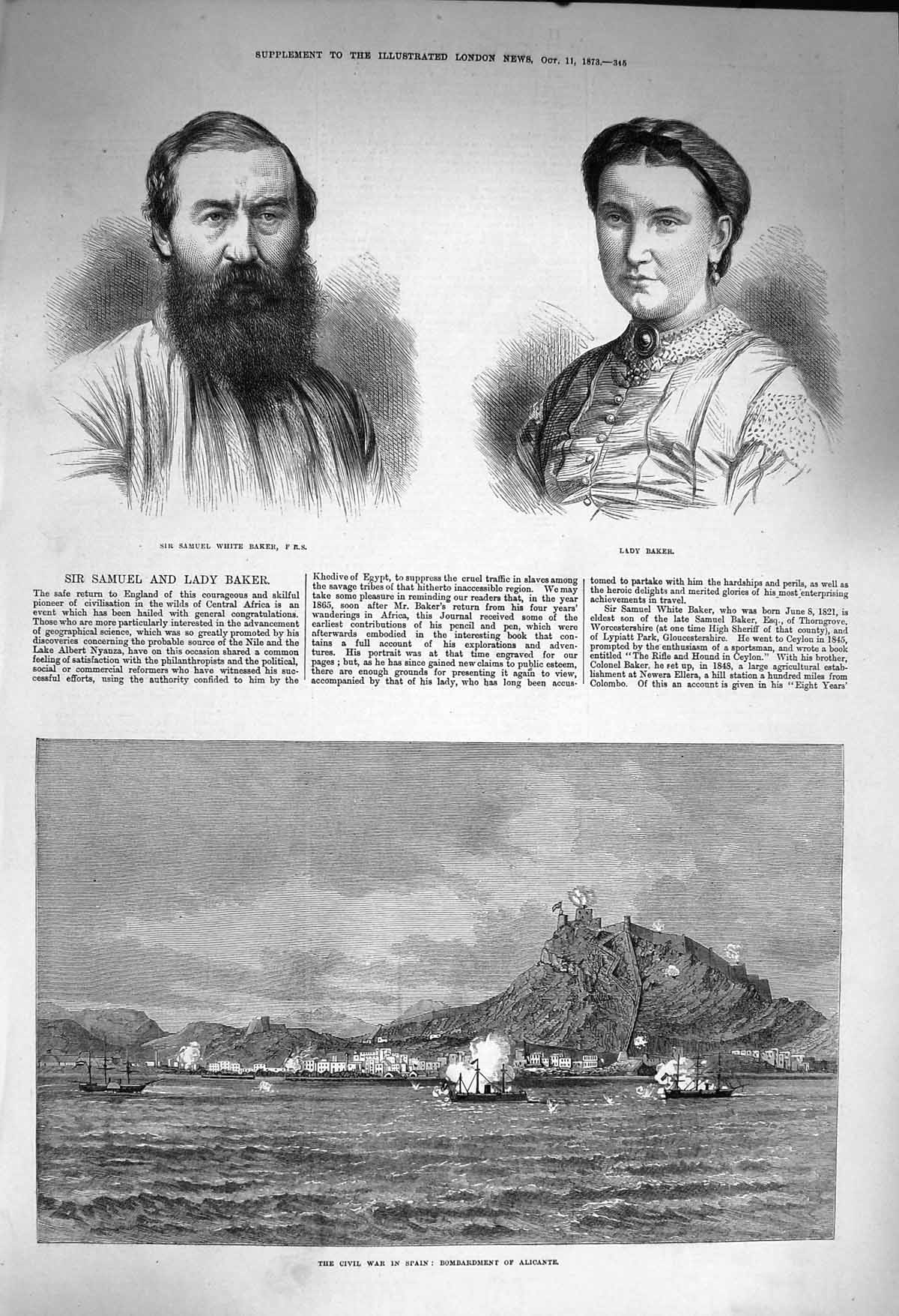 Old Antique Print 1873 Samuel Baker Civil War Spain Bombardment Alicante 19th