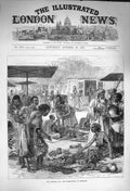 Original Old Antique Print 1873 Ashantee War Market Place Coomassie Natives