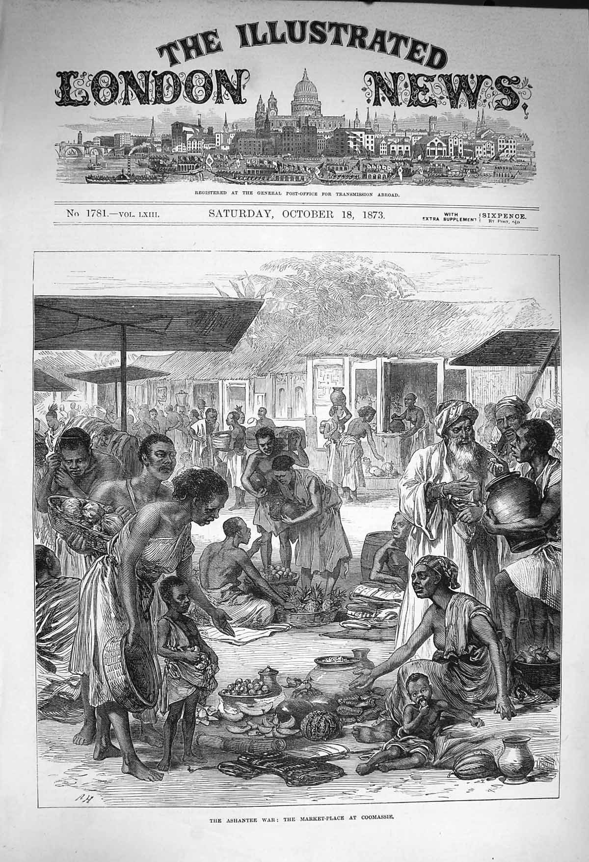 Original Old Antique Print 1873 Ashantee War Market Place Coomassie Natives