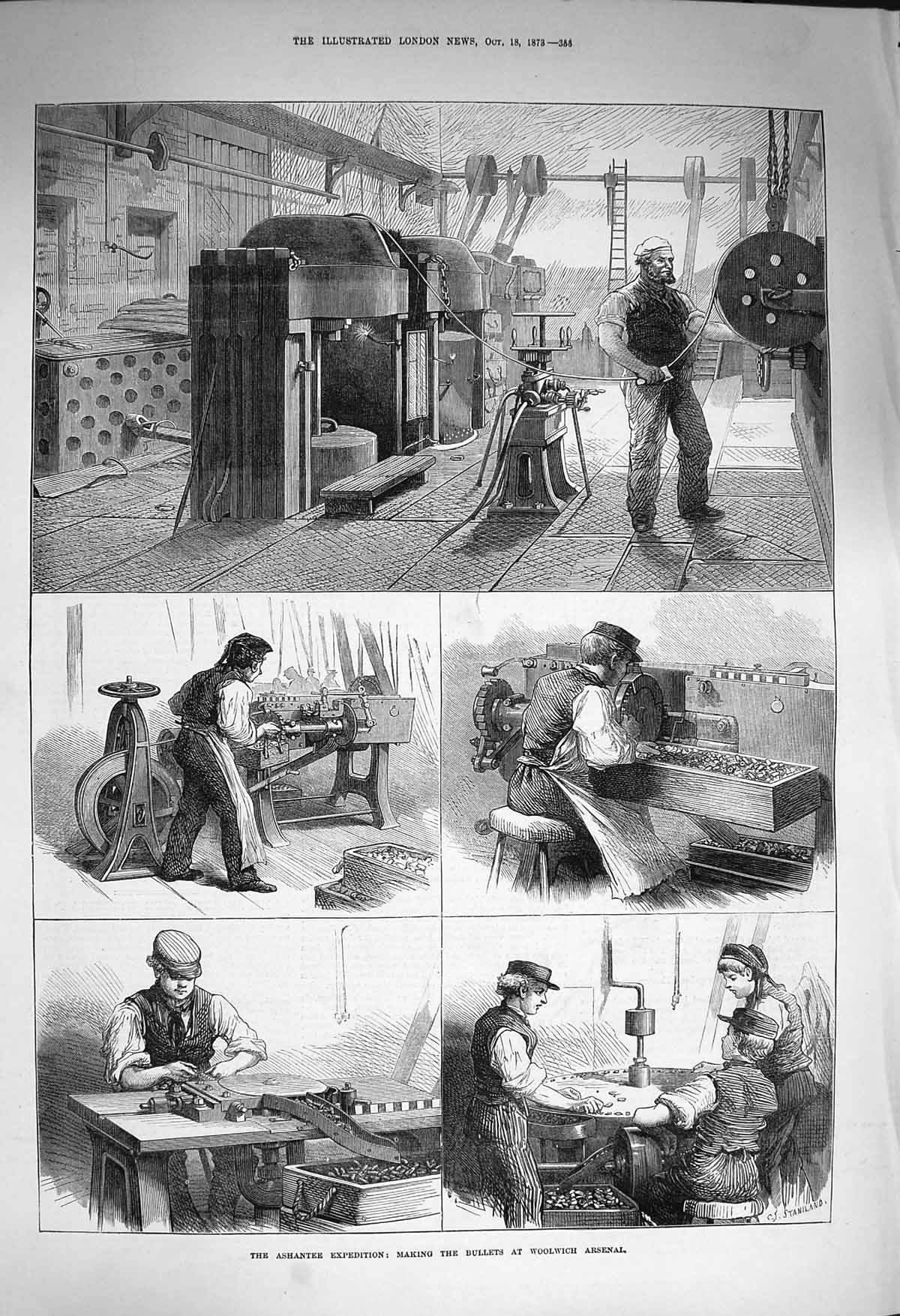 Original Old Antique Print 1873 Ashantee Making Bullets Woolwich Arsenal War