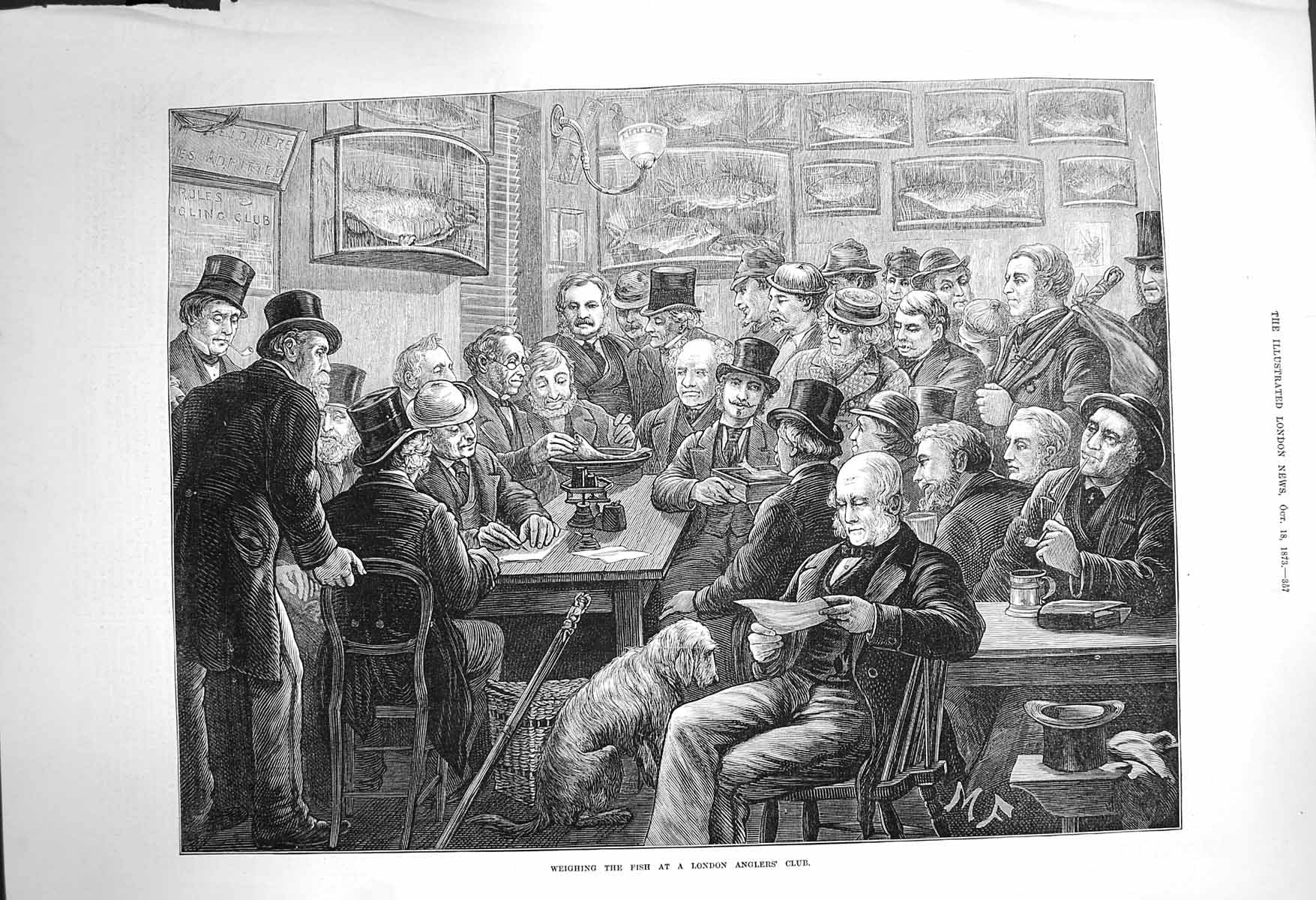 Original Old Antique Print 1873 Scene Weighing Fish London Anglers Club Men