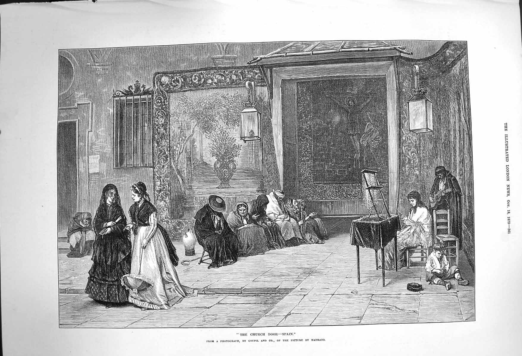 Original Old Antique Print 1873 Church Door Spain Street Seller Fine Art 19th