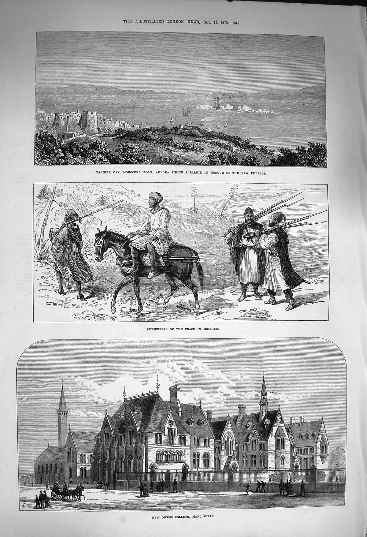 Original Old Antique Print 1873 Tangier Morocco Ship Aurora Owens College 19th