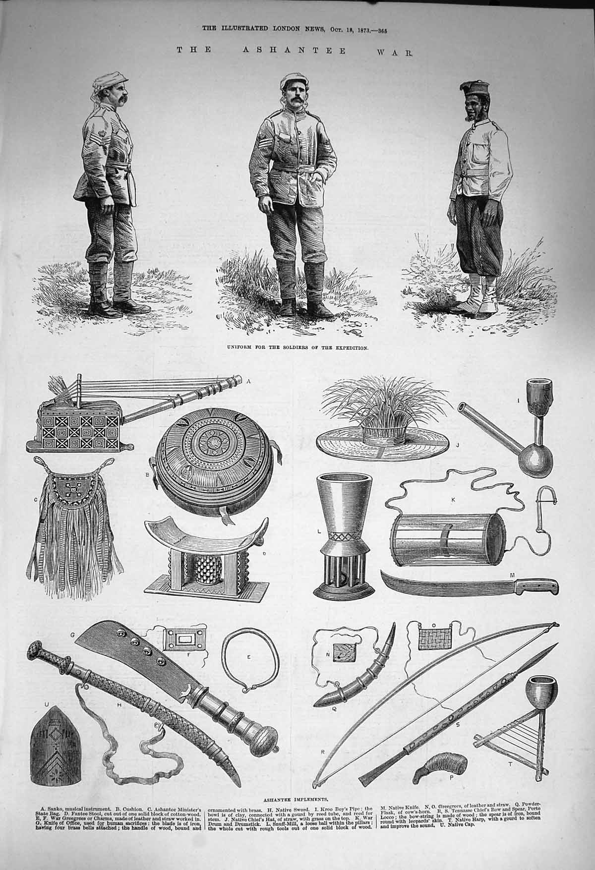 Original Old Antique Print 1873 Ashantee War Siers Uniform Weapons Implements