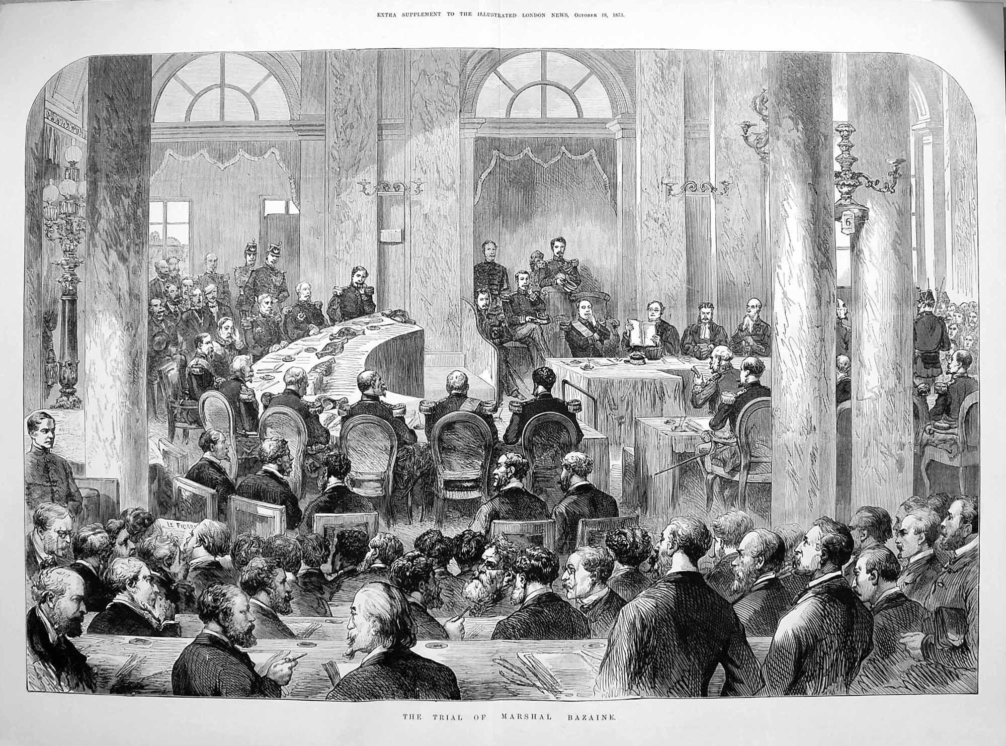 Original Old Antique Print 1873 Court Trail Marshal Bazaine Men 19th