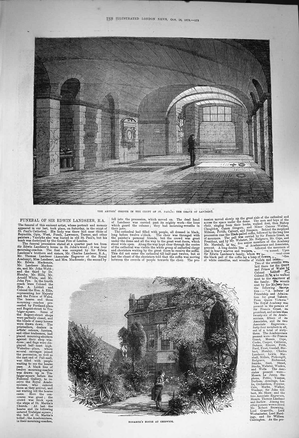Original Old Antique Print 1873 Artist Corner Crypt St. Paul'S Hogarth Chiswick