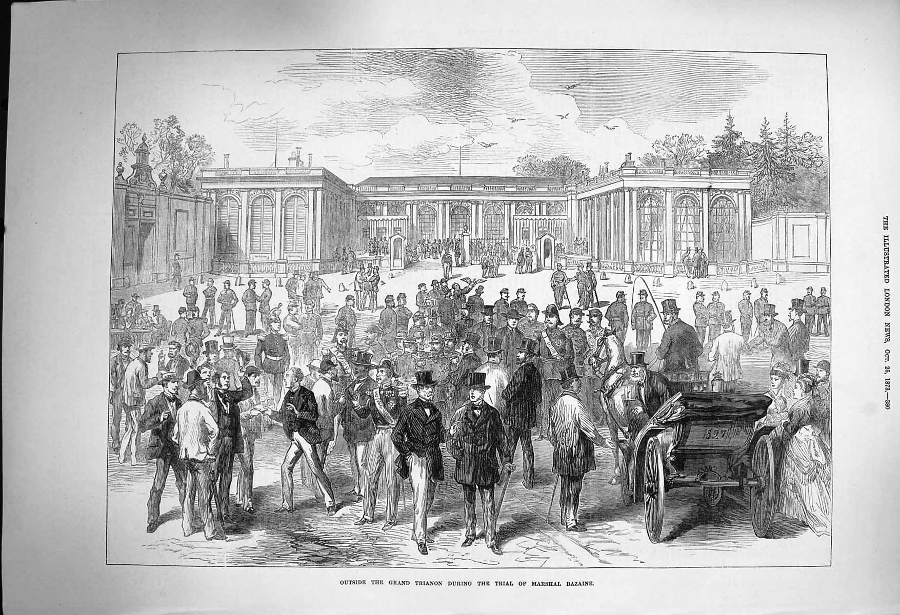 Old Antique Print 1873 Scene Outside Grand Trianon Trial Marshal Bazaine 19th