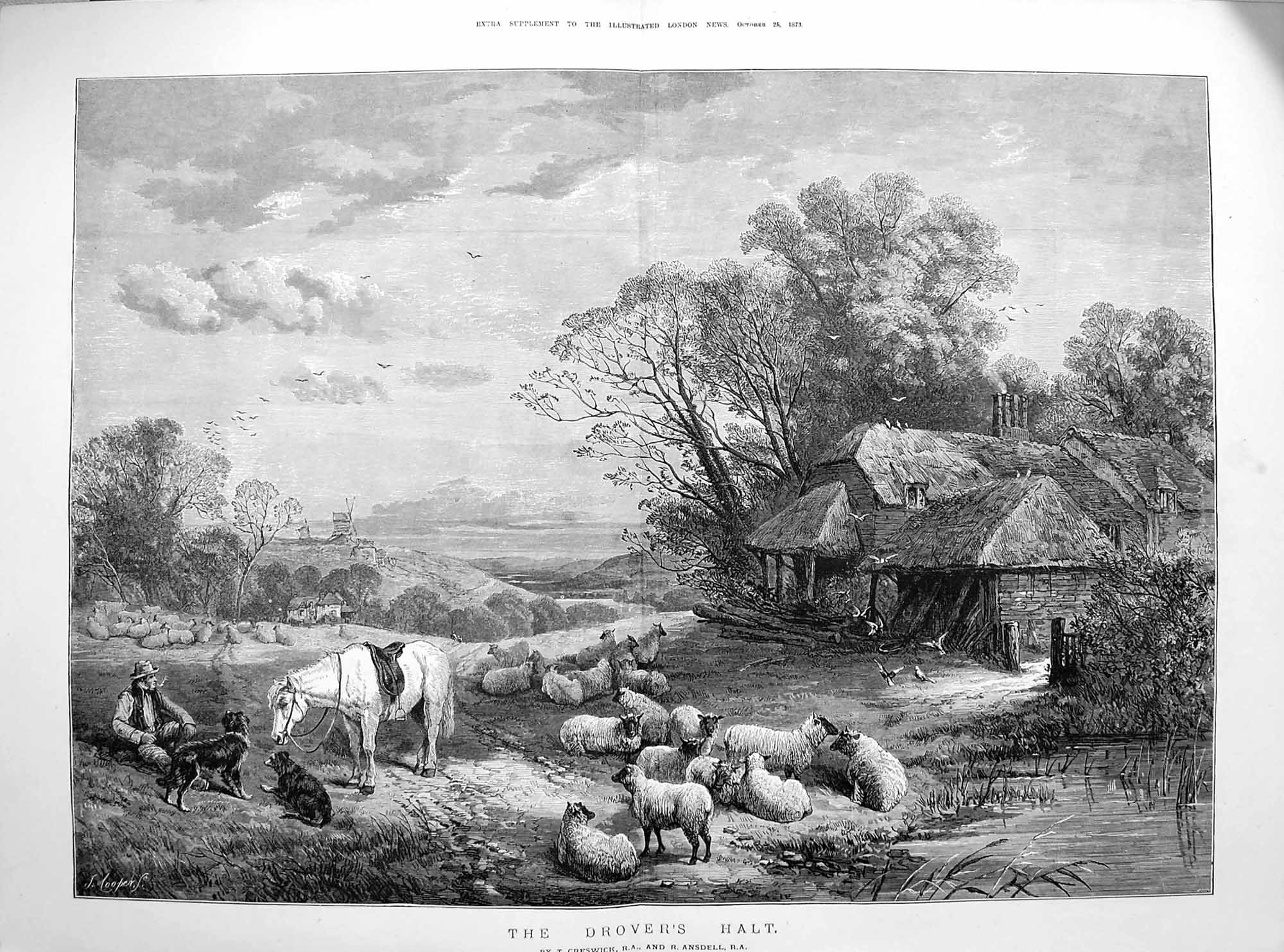 Original Old Antique Print 1873 Drover'S Halt Sheep Shepherd Dog Horse 19th