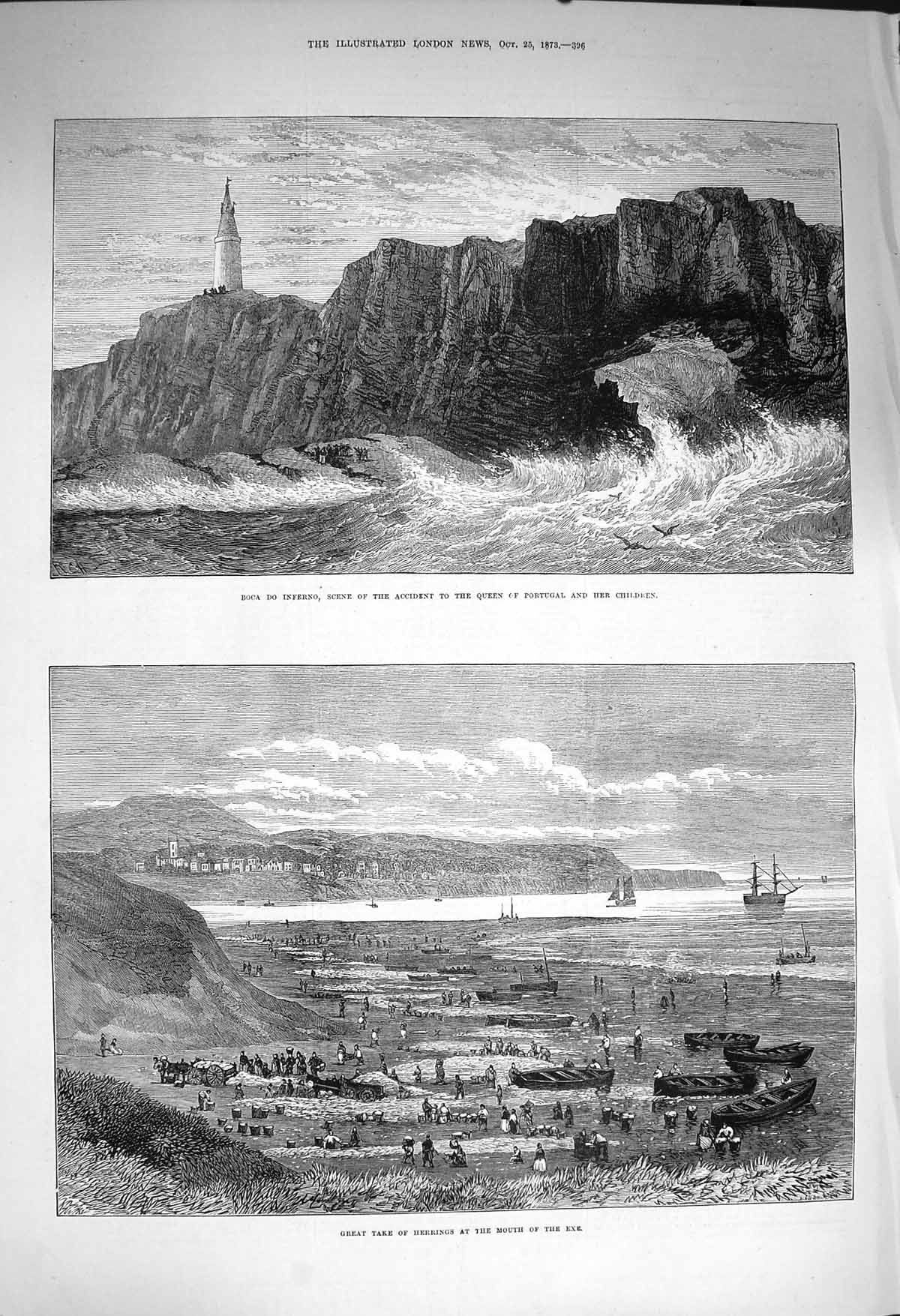Original Old Antique Print 1873 Boca Inferno Herring Fishing Mouth River Exe