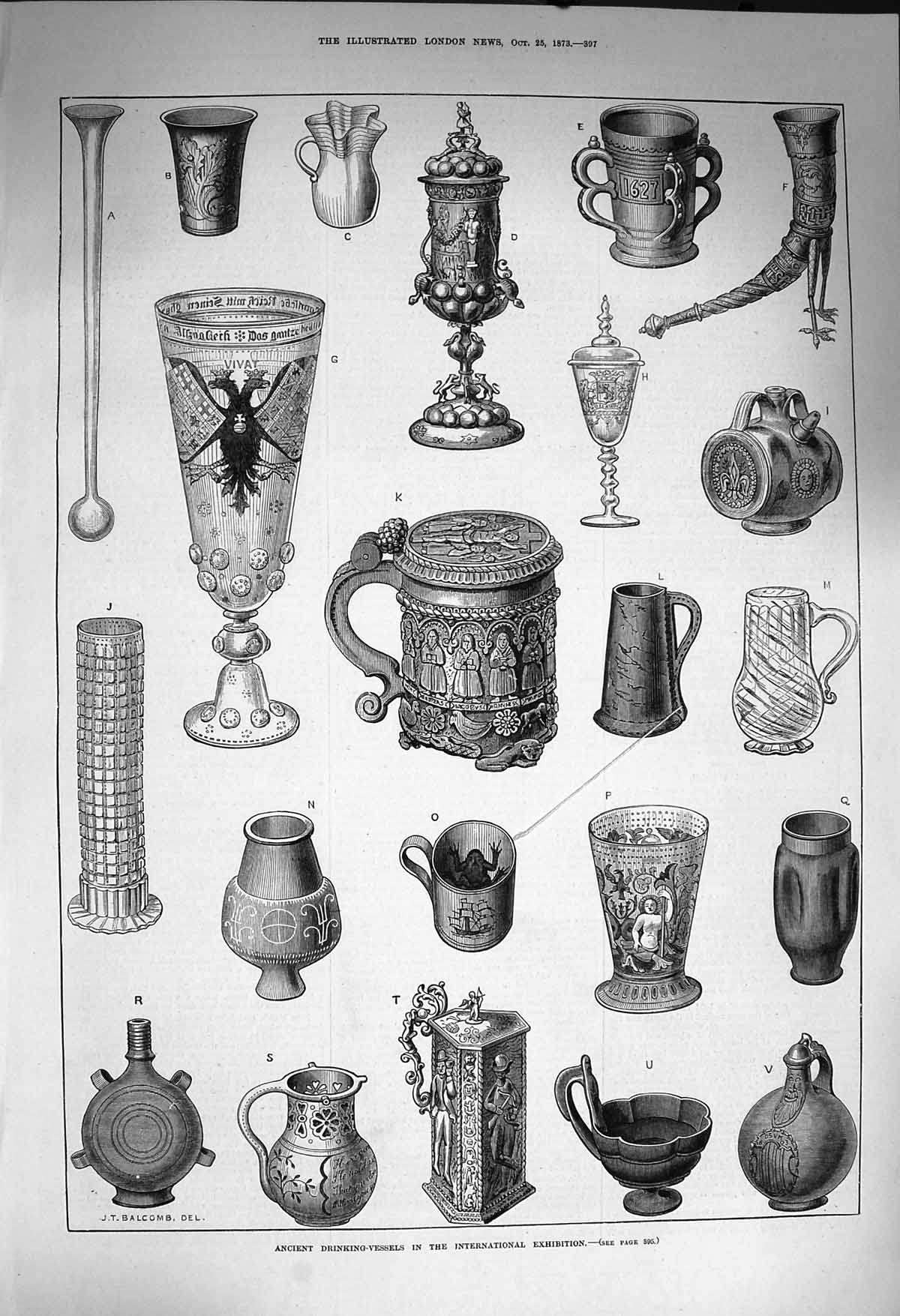 Original Old Antique Print 1873 Drinking-Vessels International Exhibition 19th