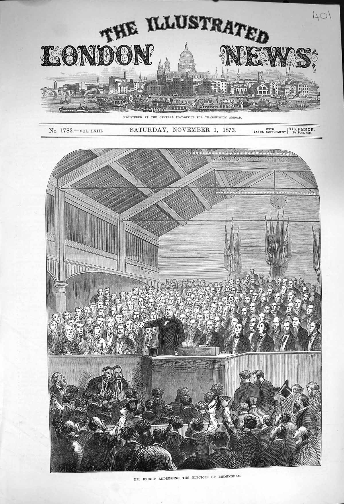 Original Old Antique Print 1873 Mr. Bright Addressing Electors Birmingham 19th