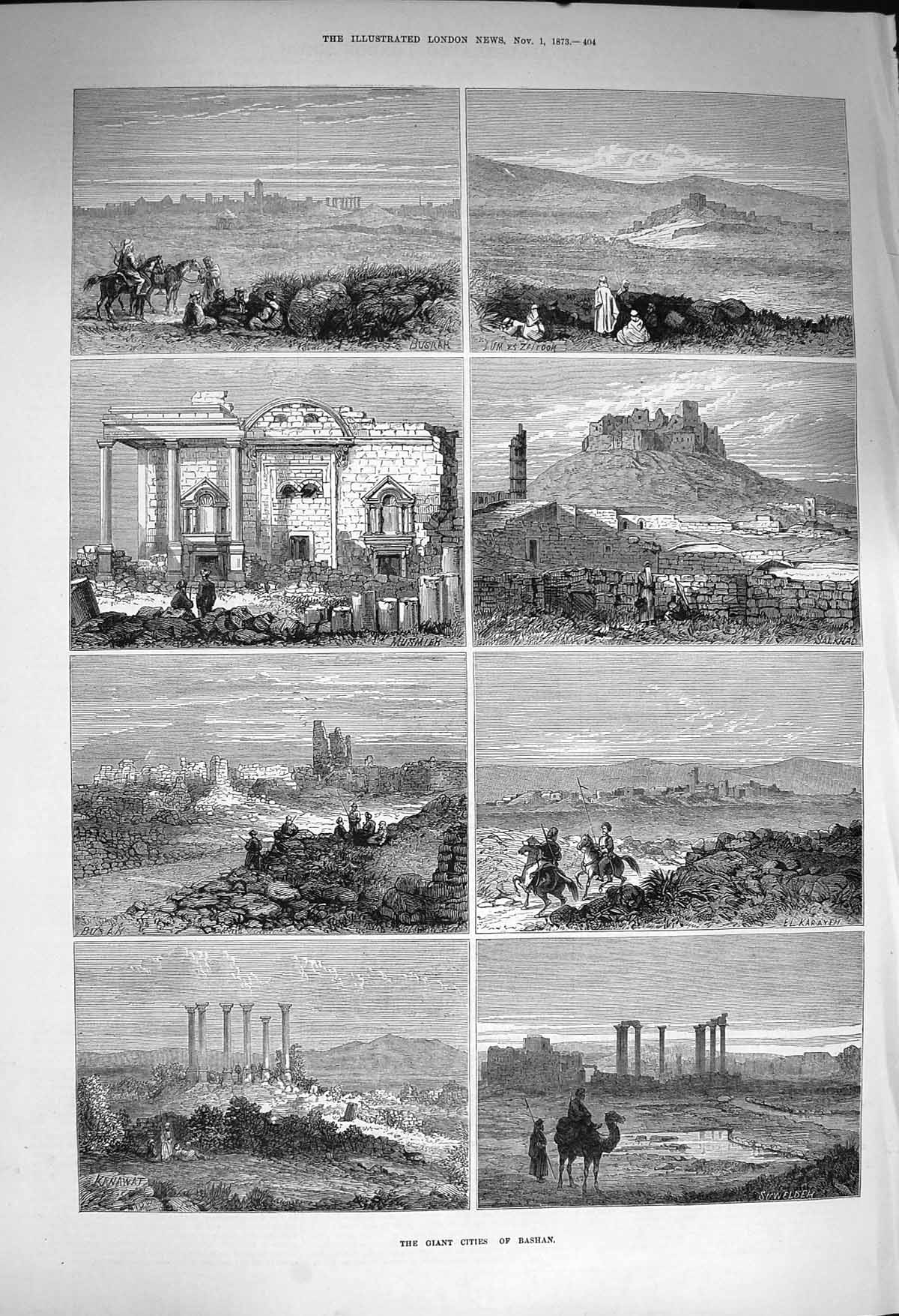 Original Old Antique Print 1873 City Bashan Salkhad Musmlek Busan Kanawat 19th