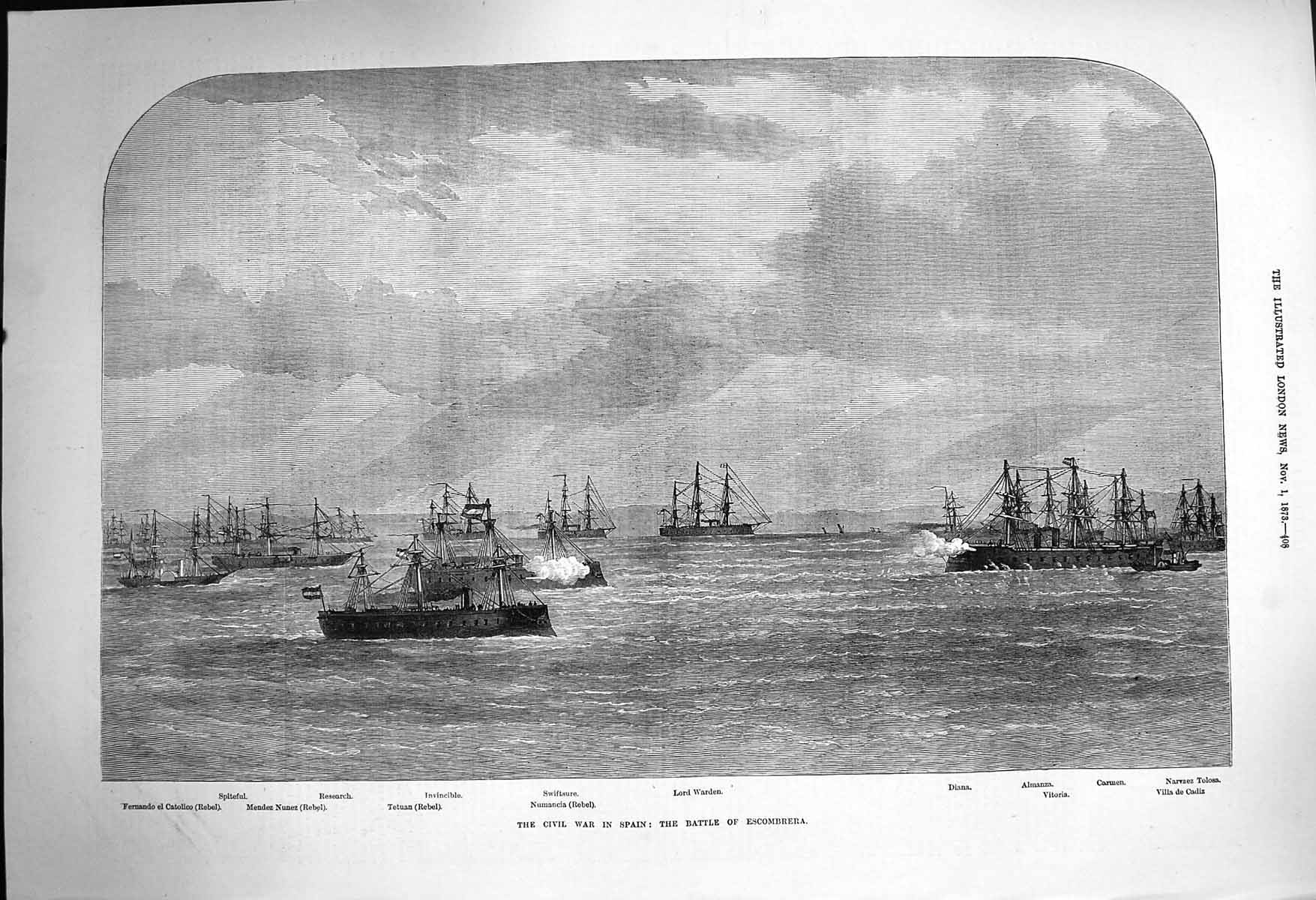 Old Antique Print 1873 War Spain Ship Escombrera Warden Invincible Diana 19th