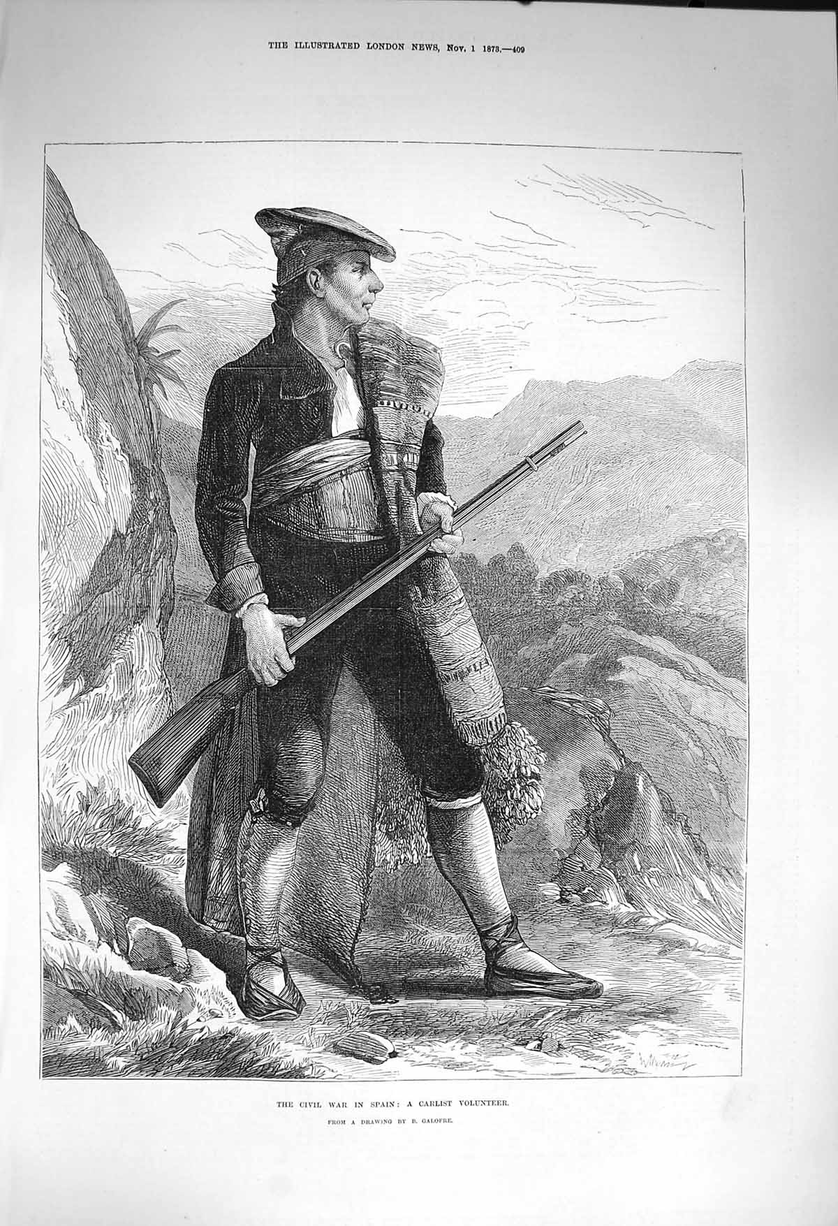 Original Old Antique Print 1873 Civil War Spain Carlist Volunteer Sier Weapons