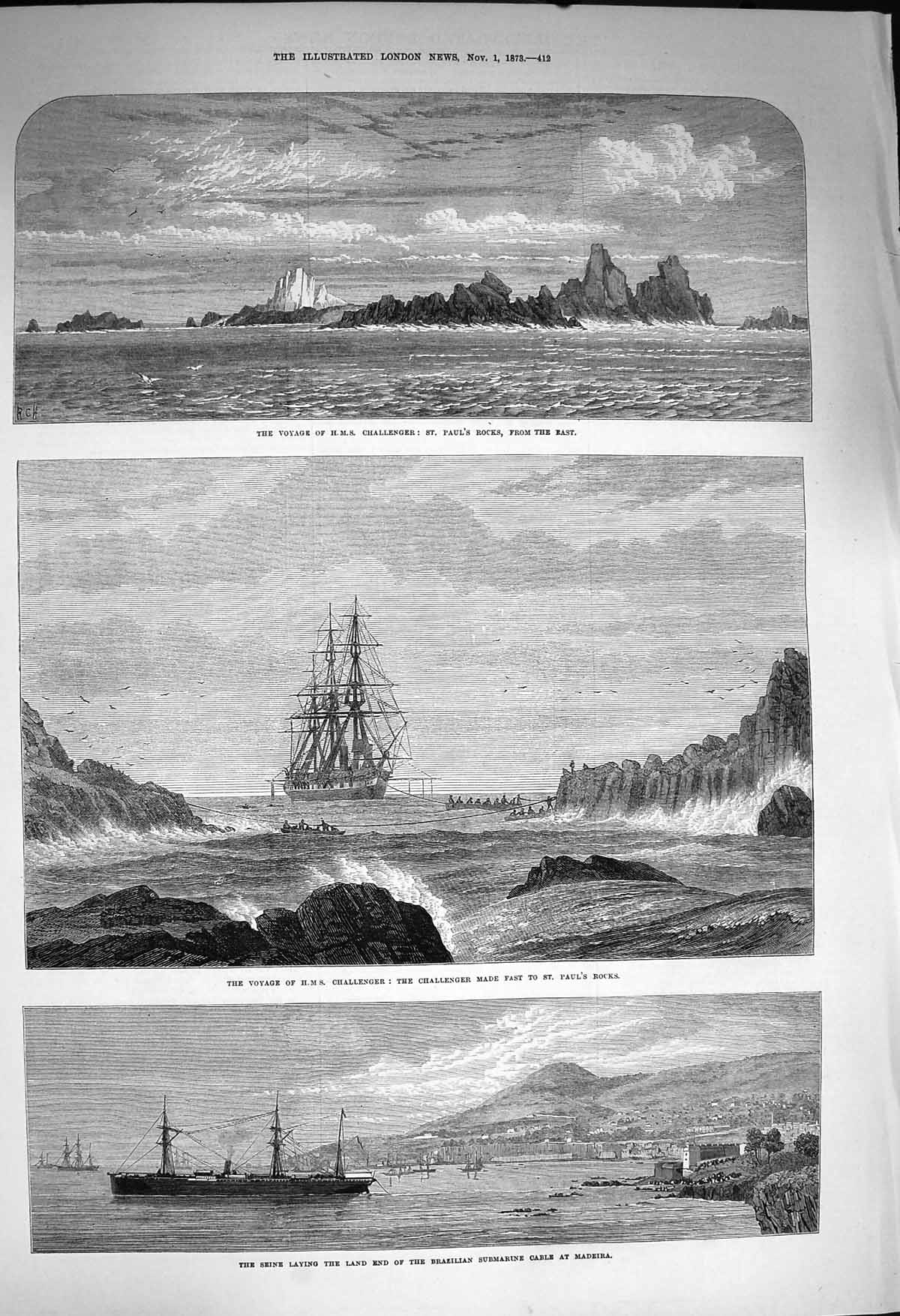 Original Old Antique Print 1873 Ship Challenger Paul'S Rocks Seine Brazil Cable