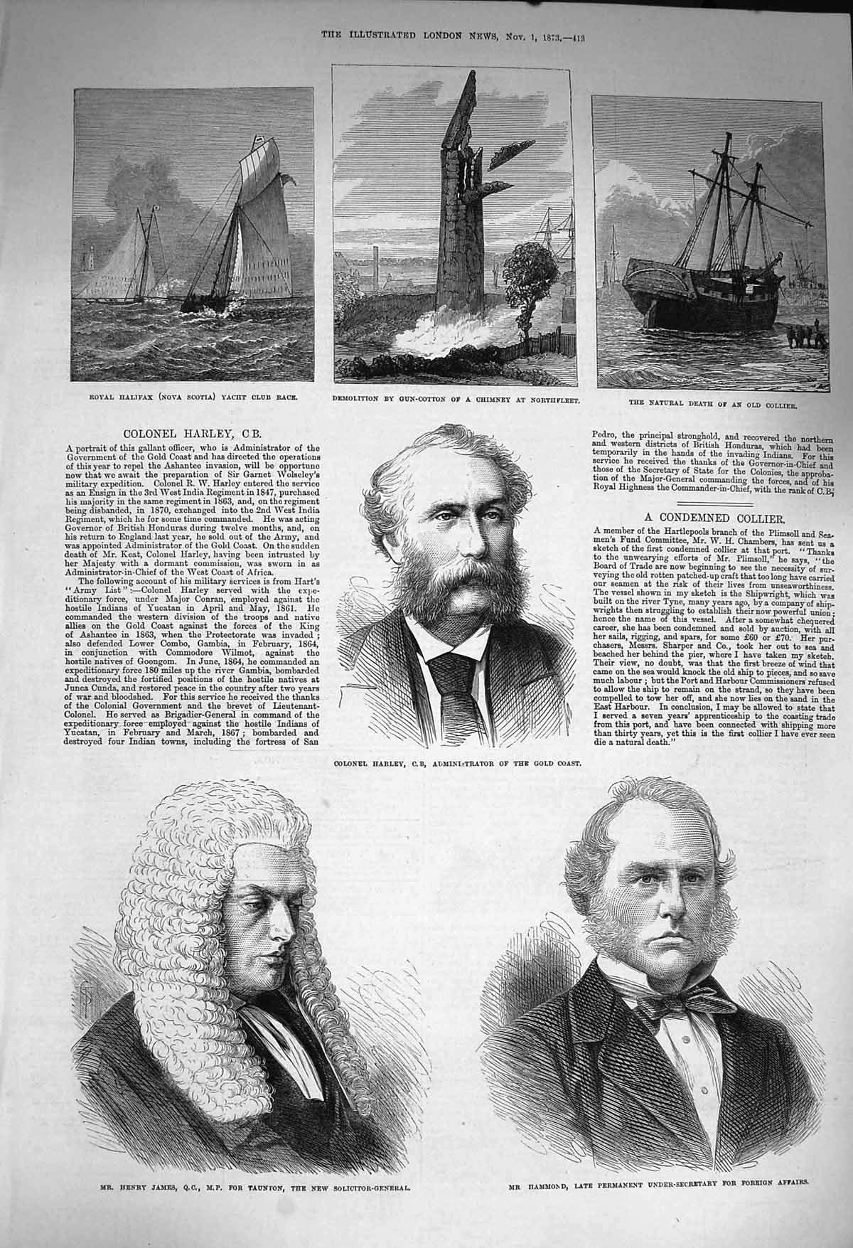 Original Old Antique Print 1873 Henry James Hammond Harley Collier Nova Scotia
