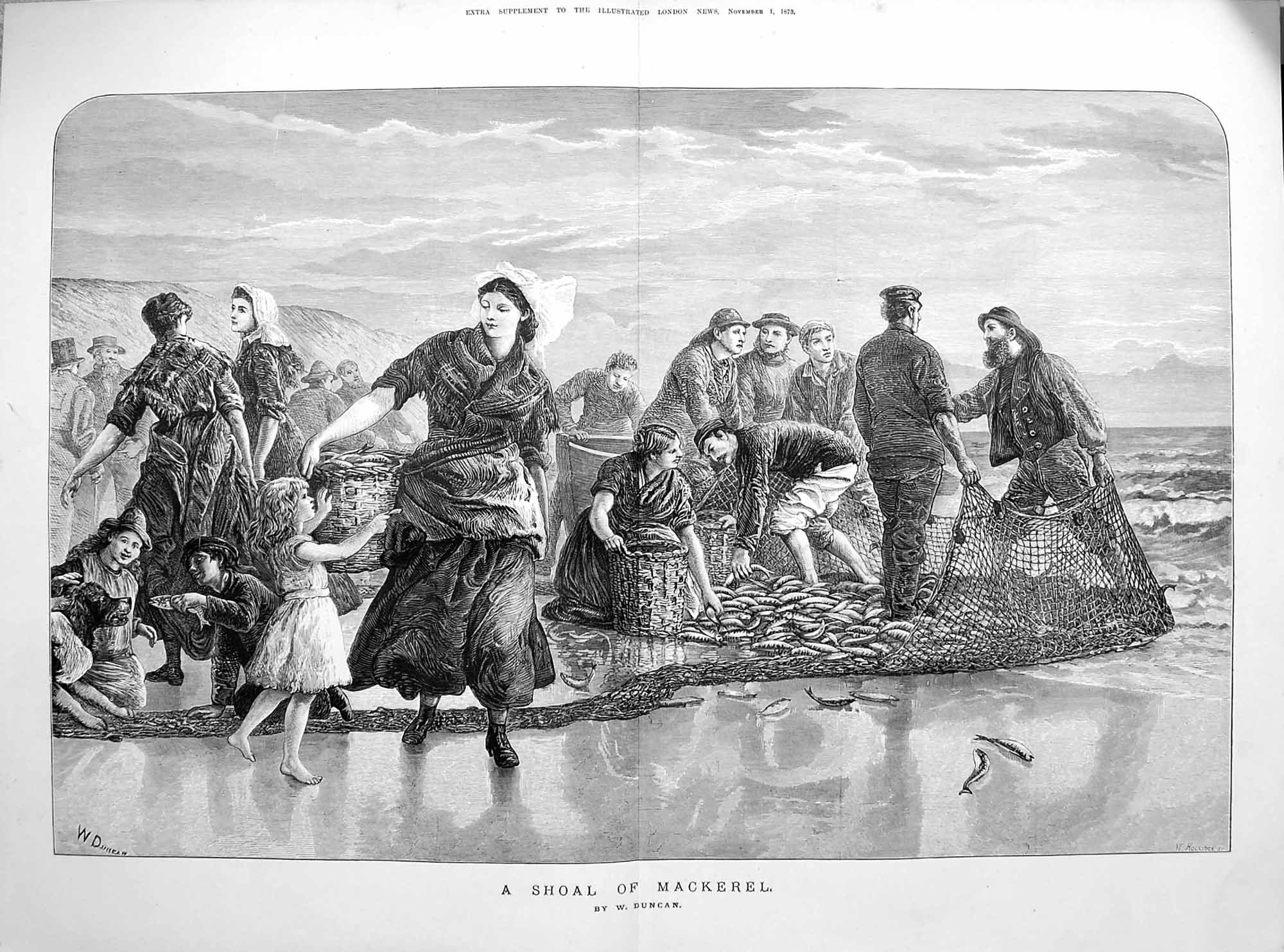 Original Old Antique Print 1873 Shoal Mackerel Fish Nets Fishermen Duncan 19th