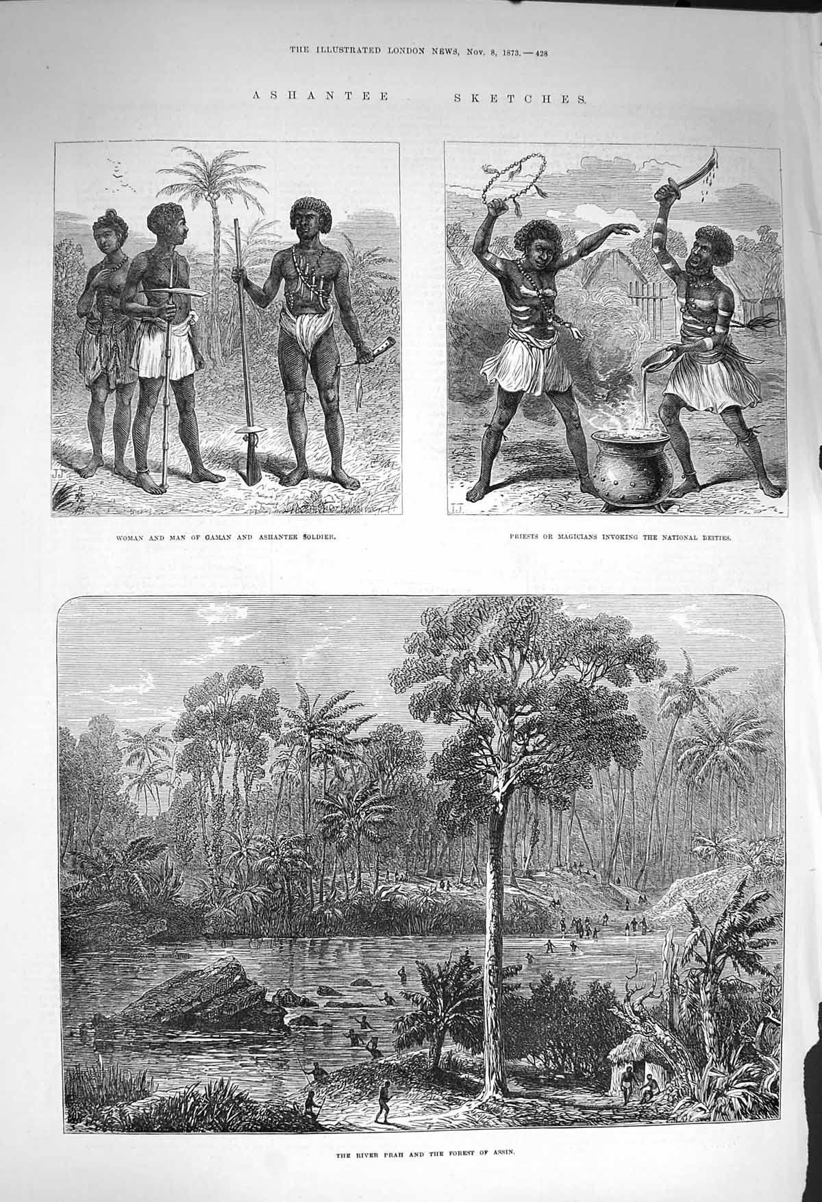 Original Old Antique Print 1873 Ashantee War Gaman Sier River Prah Forest Assin