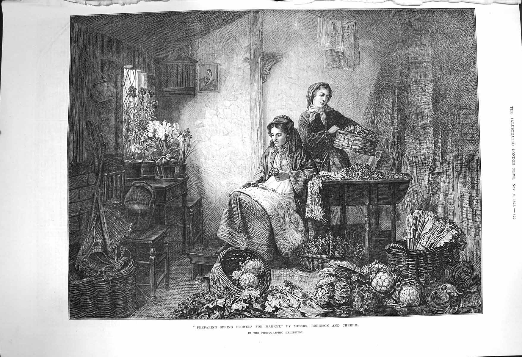 Original Old Antique Print 1873 Scene Prepairing Spring Flowers Market Fine Art