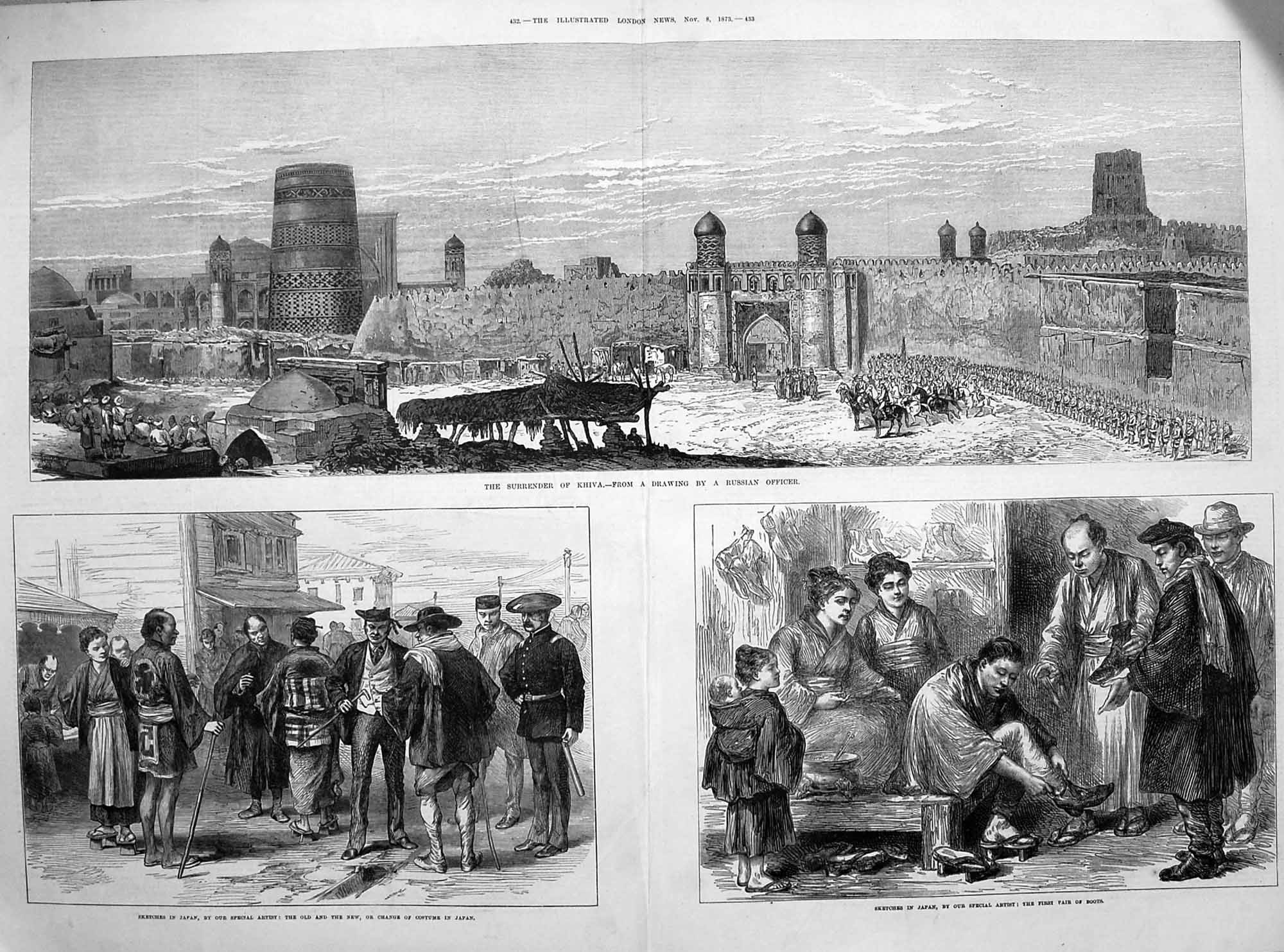 Old Antique Print 1873 Surrender Khiva Russian Officers Japan Costumes 19th