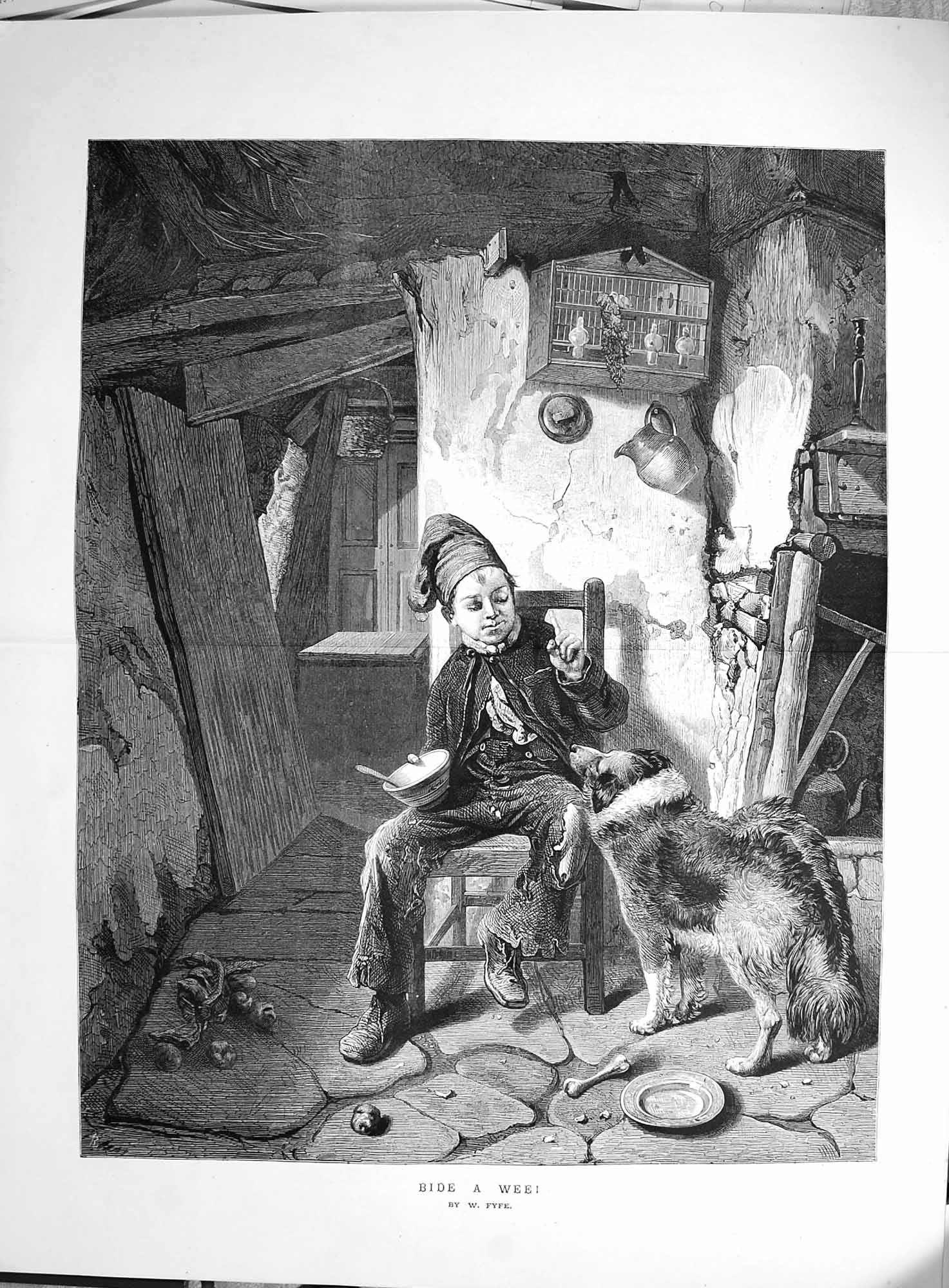 Old Antique Print 1873 Bide A Wee Little Boy Chair Dinner Bowl Dog Fyfe 19th