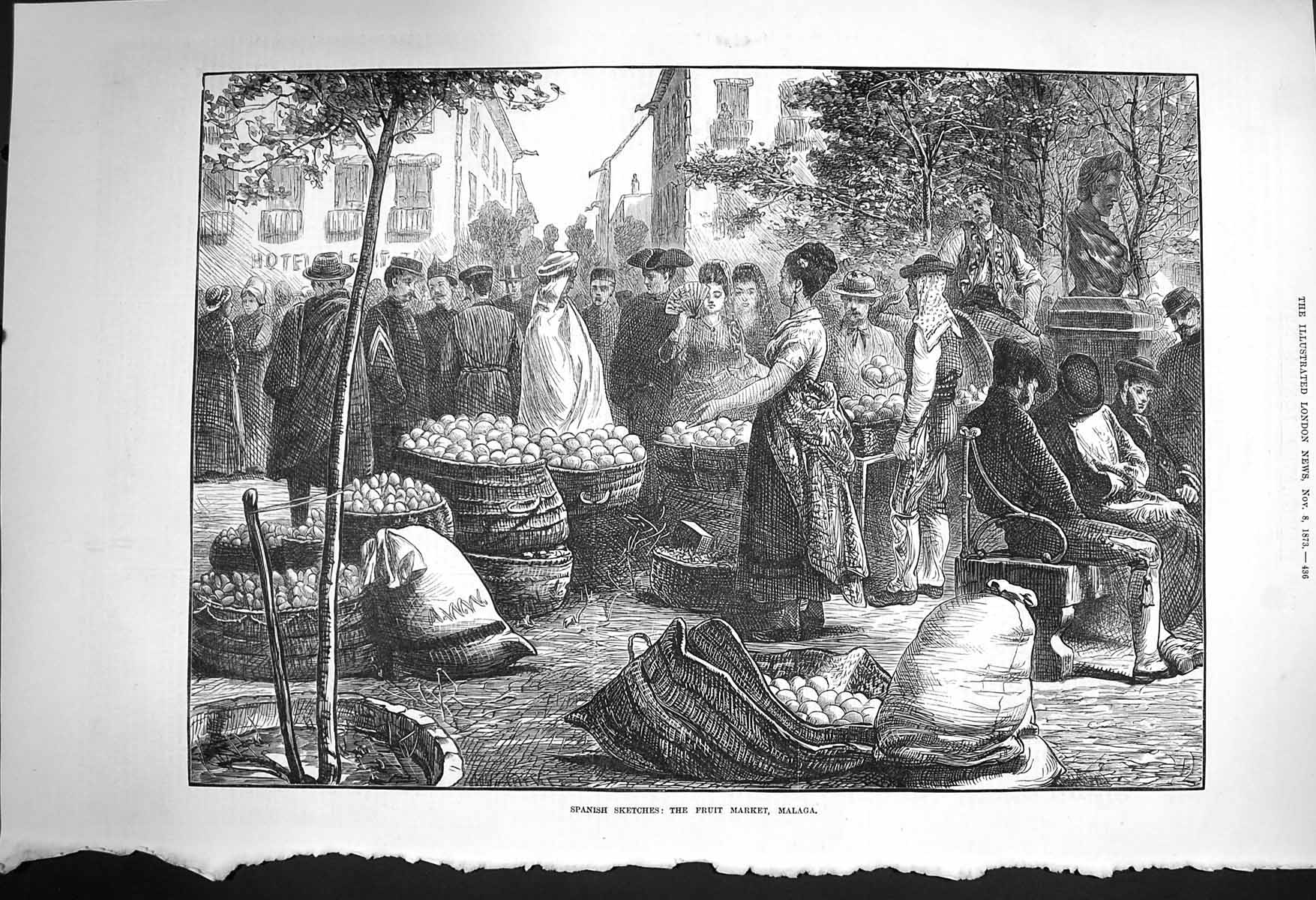 Original Old Antique Print 1873 Spain Fruit Market Malaga Street Sellers 19th
