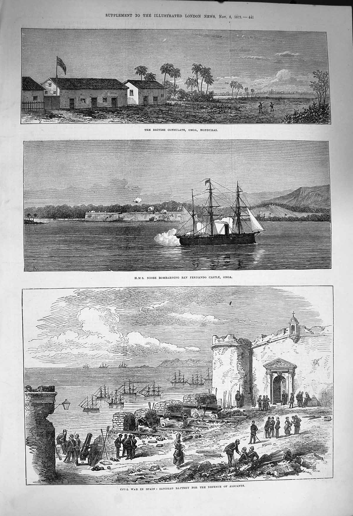 Original Old Antique Print 1873 Ship Noibe Fernando Castle Omoa War Spain H 19th
