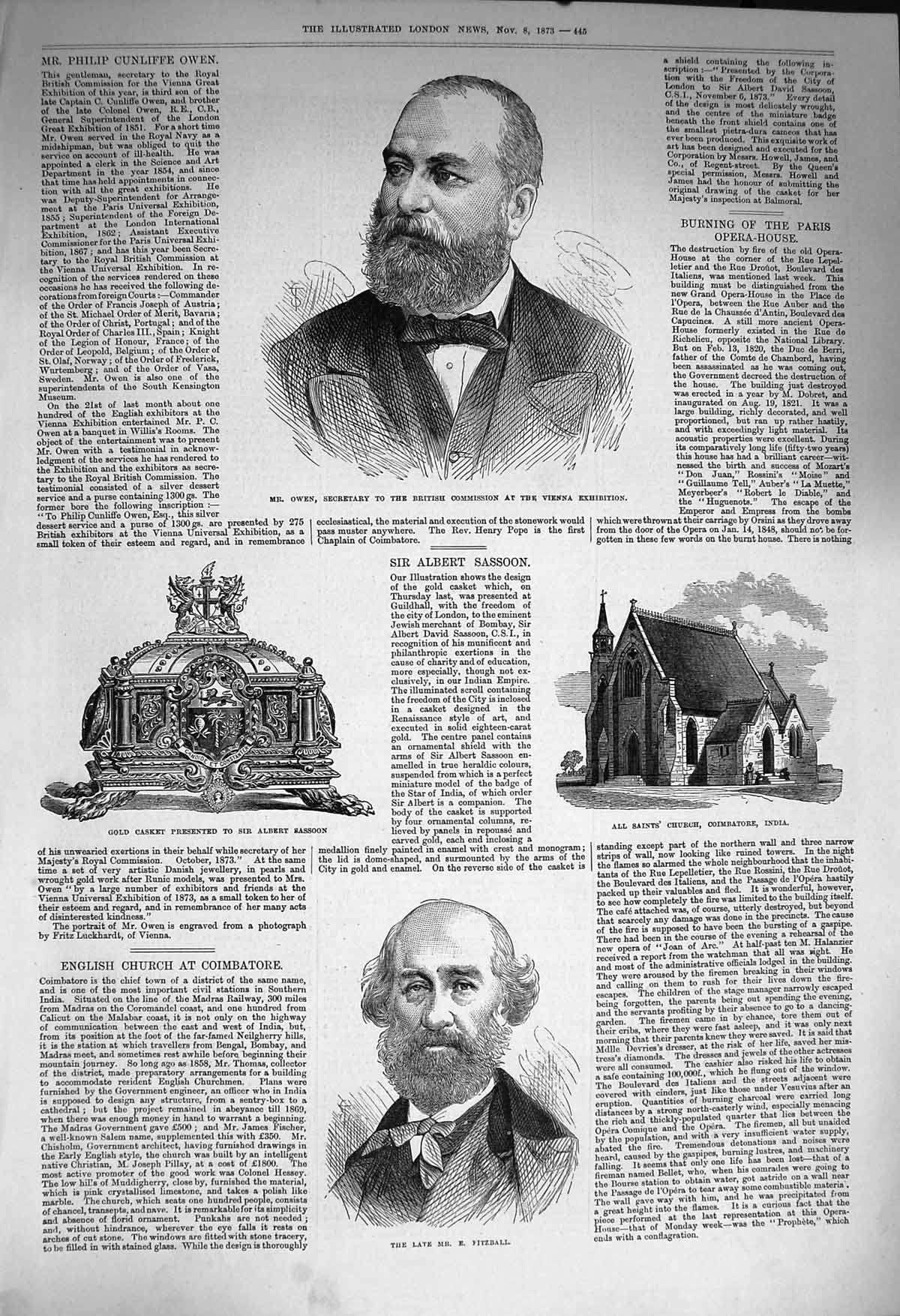 Old Antique Print 1873 Owen Vienna Church India Fitzball Casket Sassoon 19th