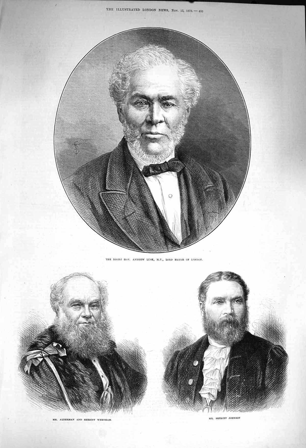 Original Old Antique Print 1873 Andrew Lusk Alderman Sheriff Whetham Victorian