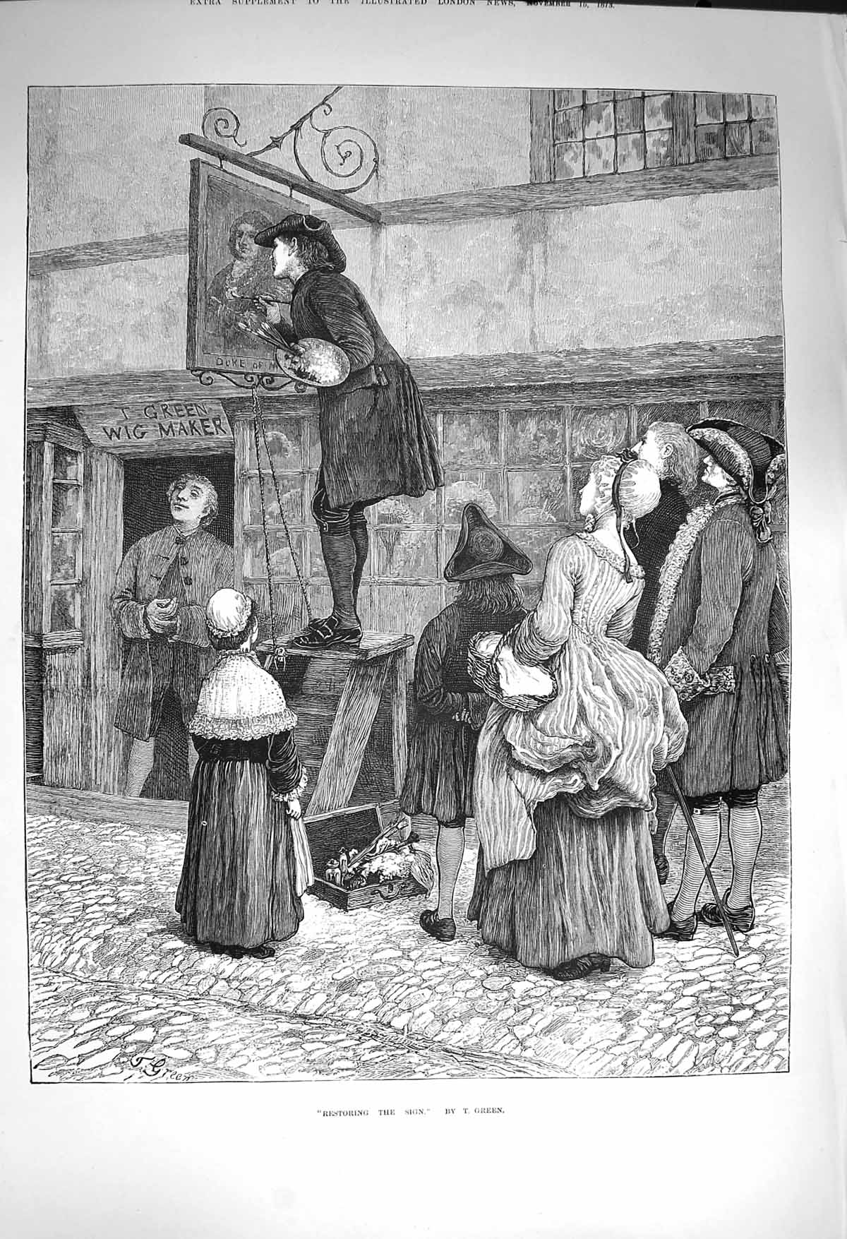 Original Old Antique Print 1873 Man Restoring Sign Green Wig Maker F Victorian