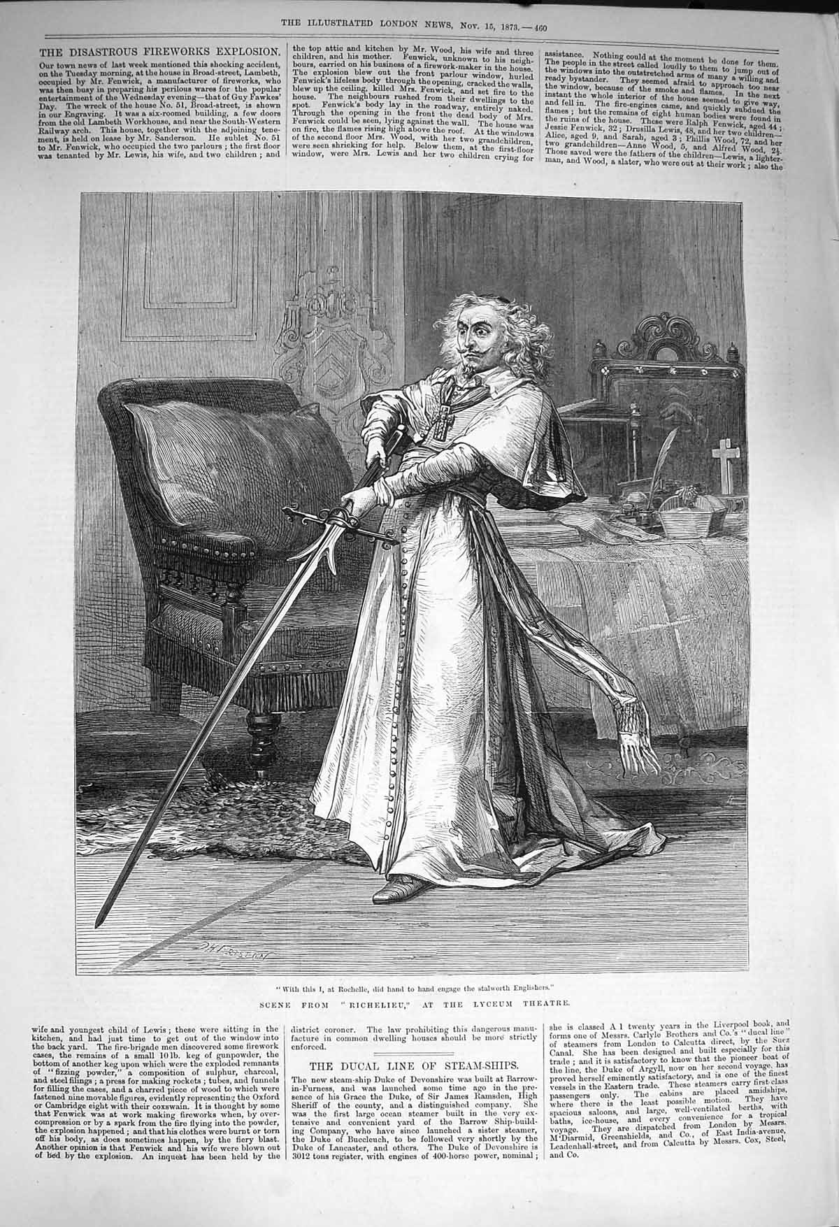 Original Old Antique Print 1873 Scene Richelieu Lyceum Theatre Rochelle 19th