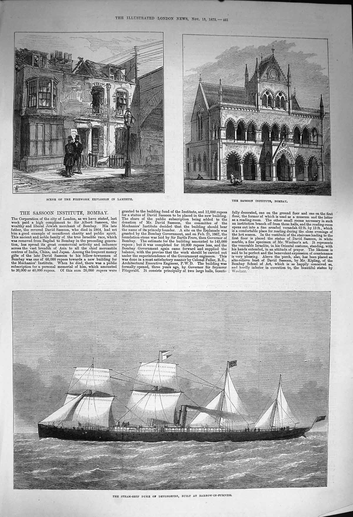 Original Old Antique Print 1873 Sassoon Institute Bombay Ship Duke Devonshire