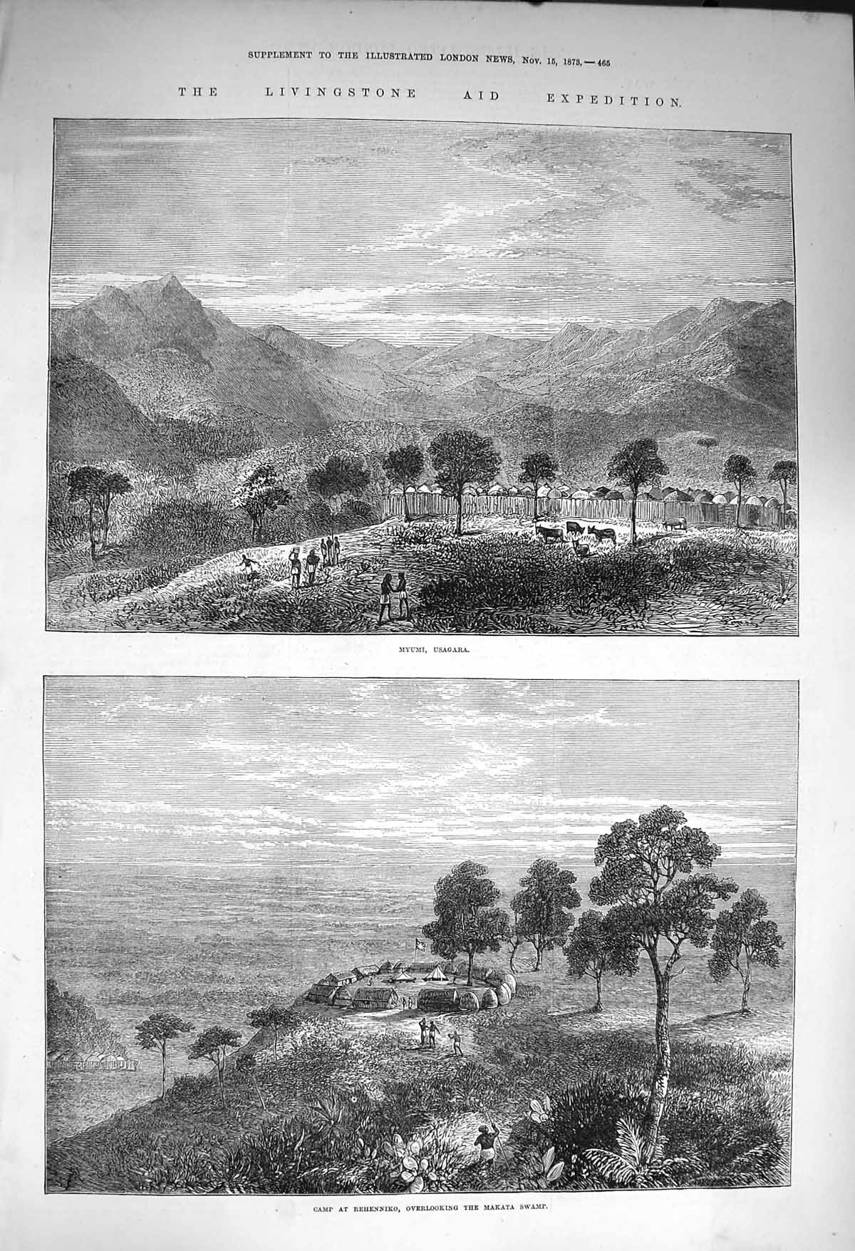 Original Old Antique Print 1873 Livingstone Myumi Usagara Camp Rehenniko Makata