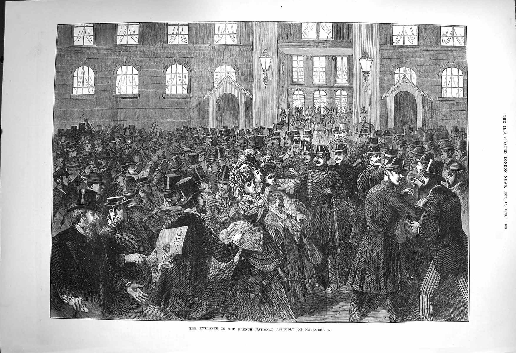 Original Old Antique Print 1873 Entrance French National Assembly Men Police