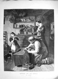 Original Old Antique Print 1873 Mending Cradle Family Home Cat Kitten Stocks
