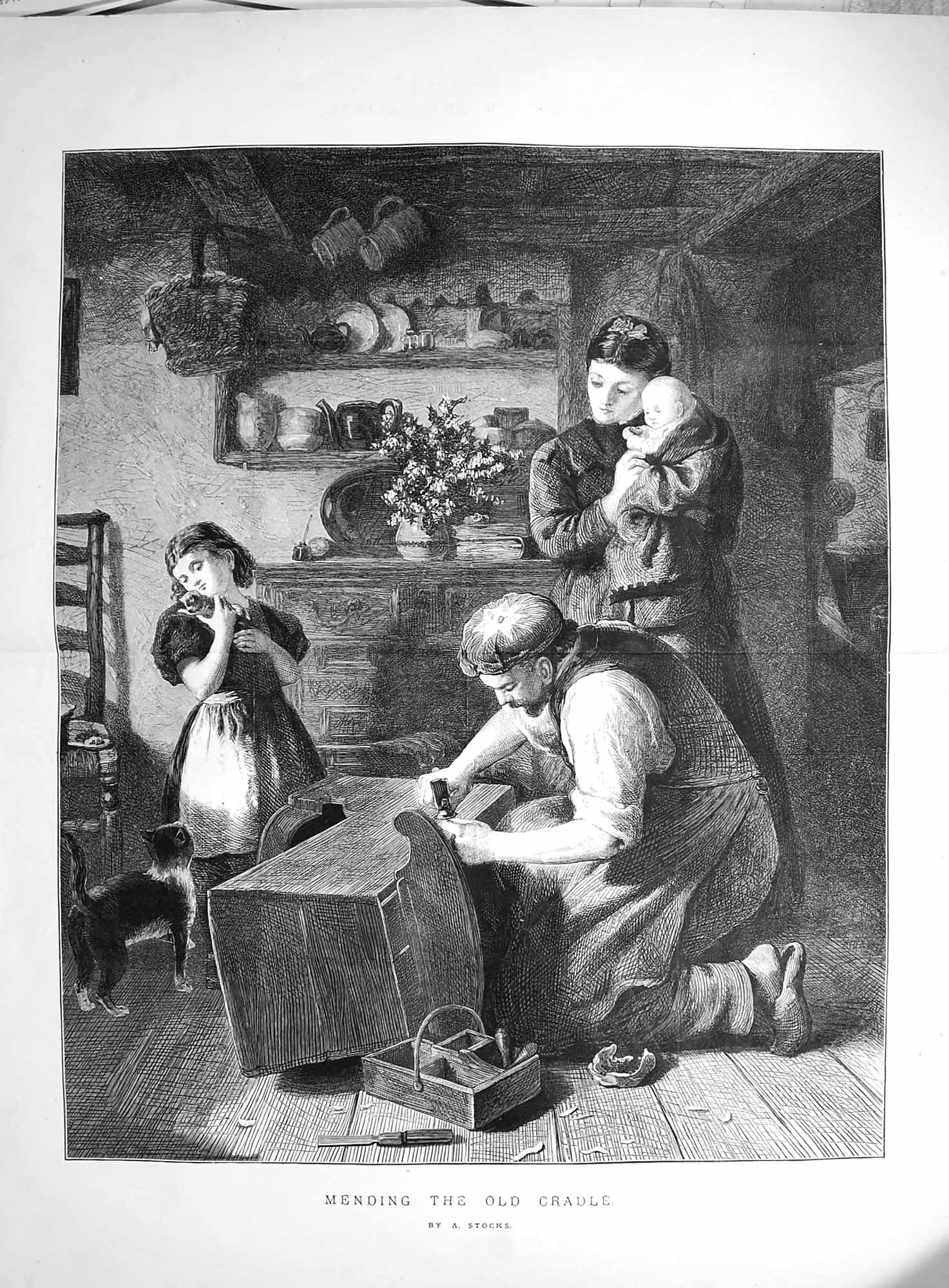Original Old Antique Print 1873 Mending Cradle Family Home Cat Kitten Stocks